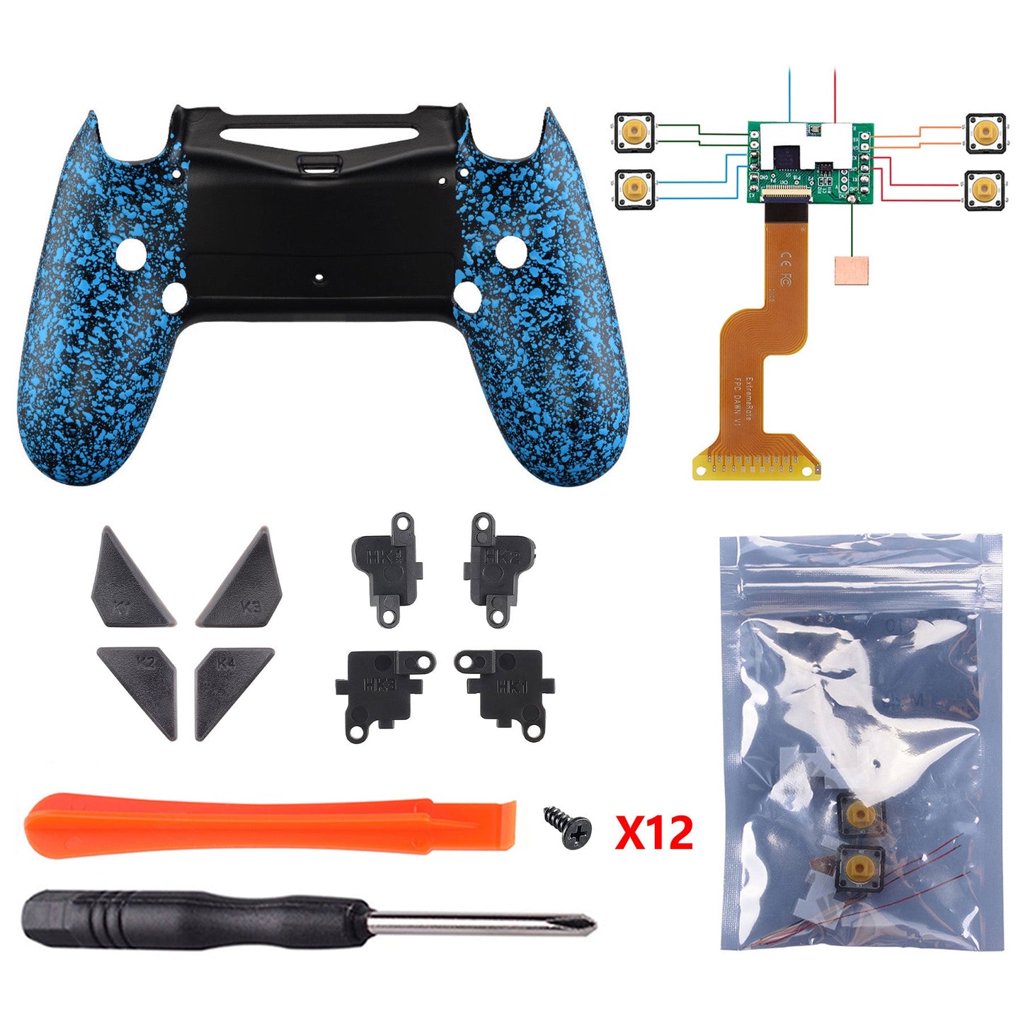 eXtremeRate Retail Textured Blue Dawn Remappable Remap Kit with Redesigned Back Shell & 4 Back Buttons for ps4 Controller JDM 040/050/055 - P4RM008