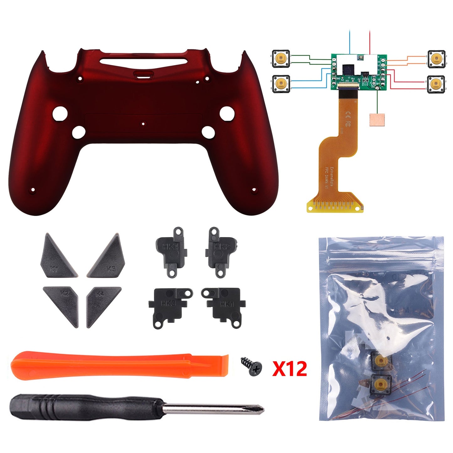 eXtremeRate Retail Soft Touch Red Remappable Remap Kit with Redesigned Back Shell & 4 Back Buttons for ps4 Controller JDM 040/050/055 - P4RM014