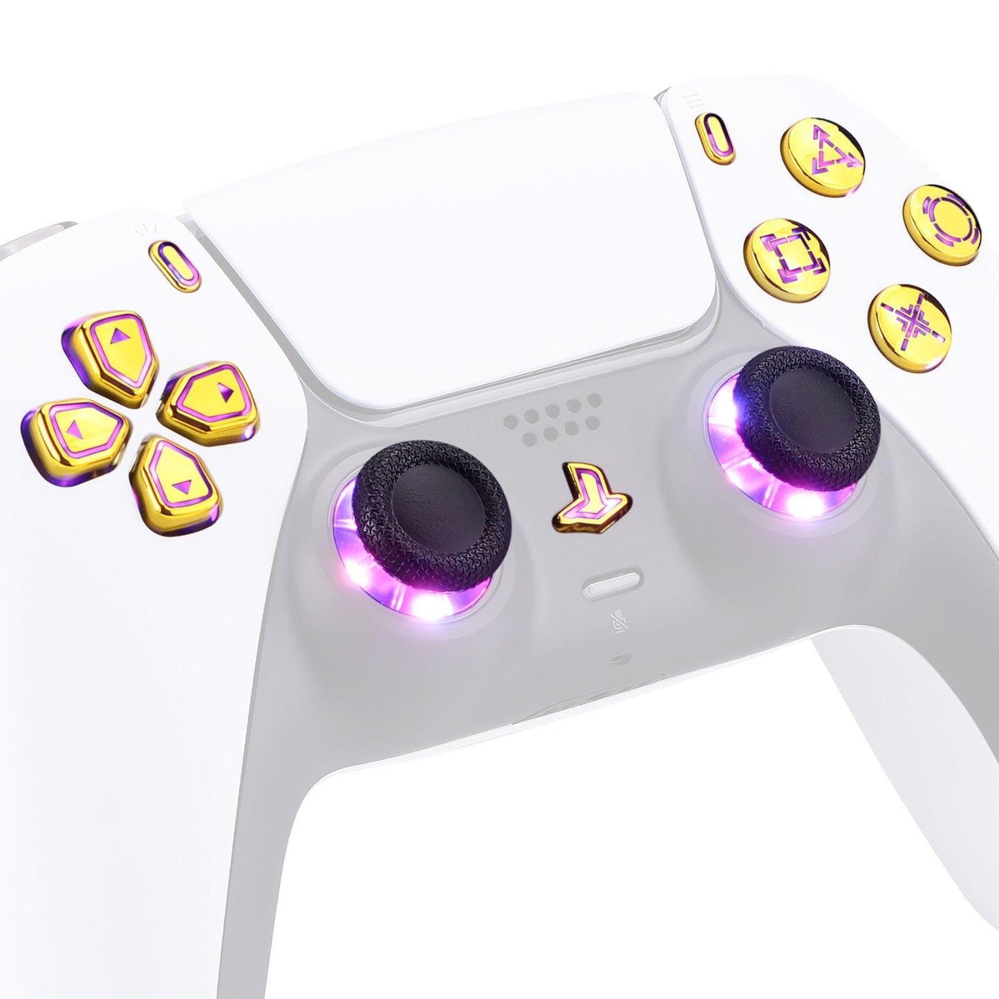 eXtremeRate Retail Multi-Colors Luminated Dpad Thumbstick Share Home Face Buttons for PS5 Controller, Chrome Gold Classical Symbols Buttons DTF V3 LED Kit for PS5 Controller - Controller NOT Included - PFLED07G2