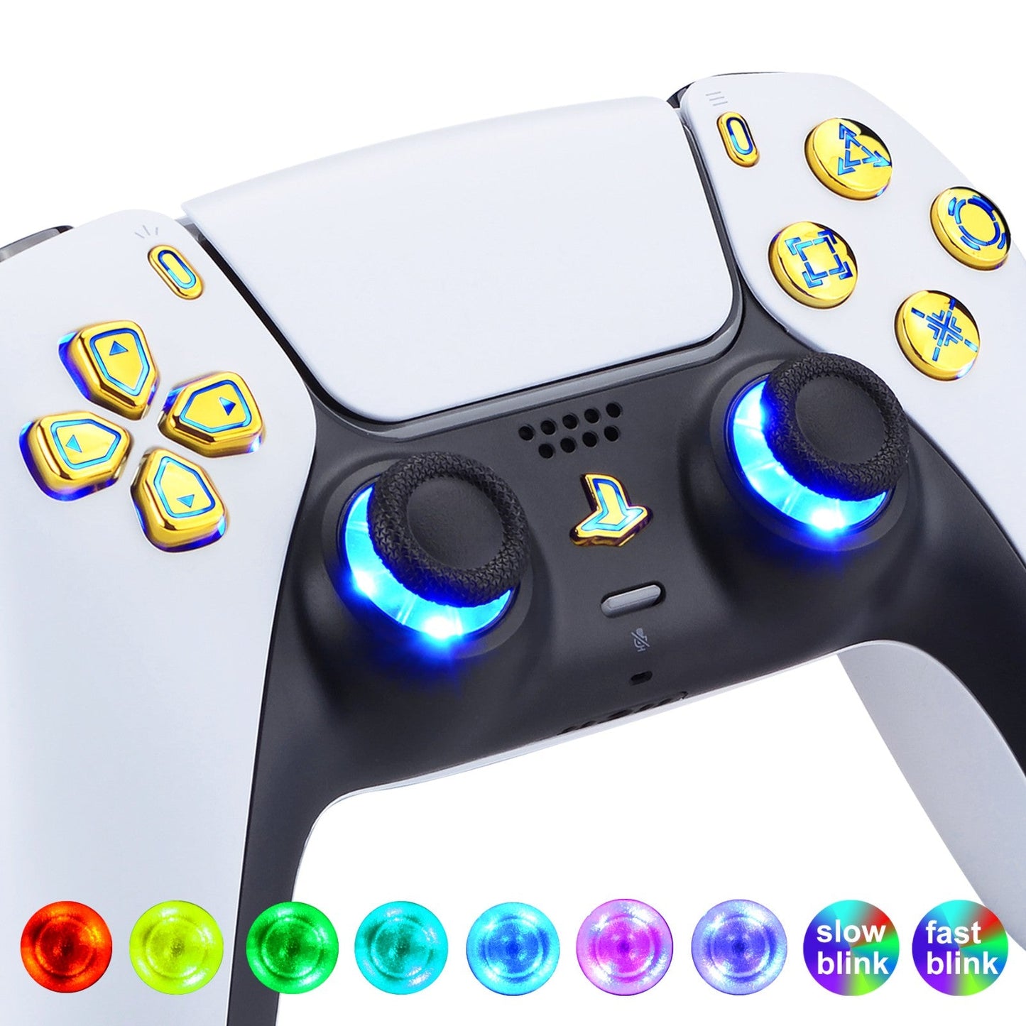 eXtremeRate Retail Multi-Colors Luminated Dpad Thumbstick Share Home Face Buttons for PS5 Controller, Chrome Gold Classical Symbols Buttons DTF V3 LED Kit for PS5 Controller - Controller NOT Included - PFLED07G2