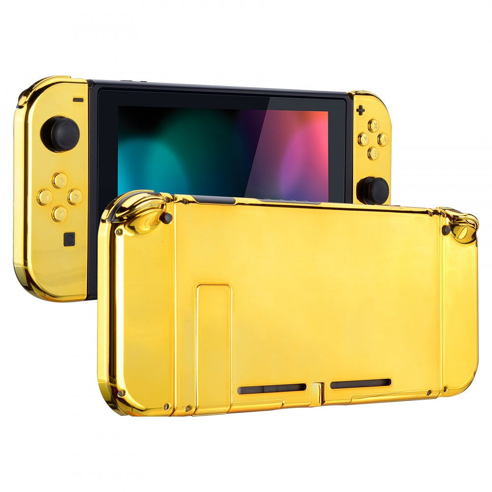 eXtremeRate Retail Chrome Gold Handheld Console Back Plate, Joycon Handheld Controller Housing Shell With Full Set Buttons DIY Replacement Part for Nintendo Switch - QD401