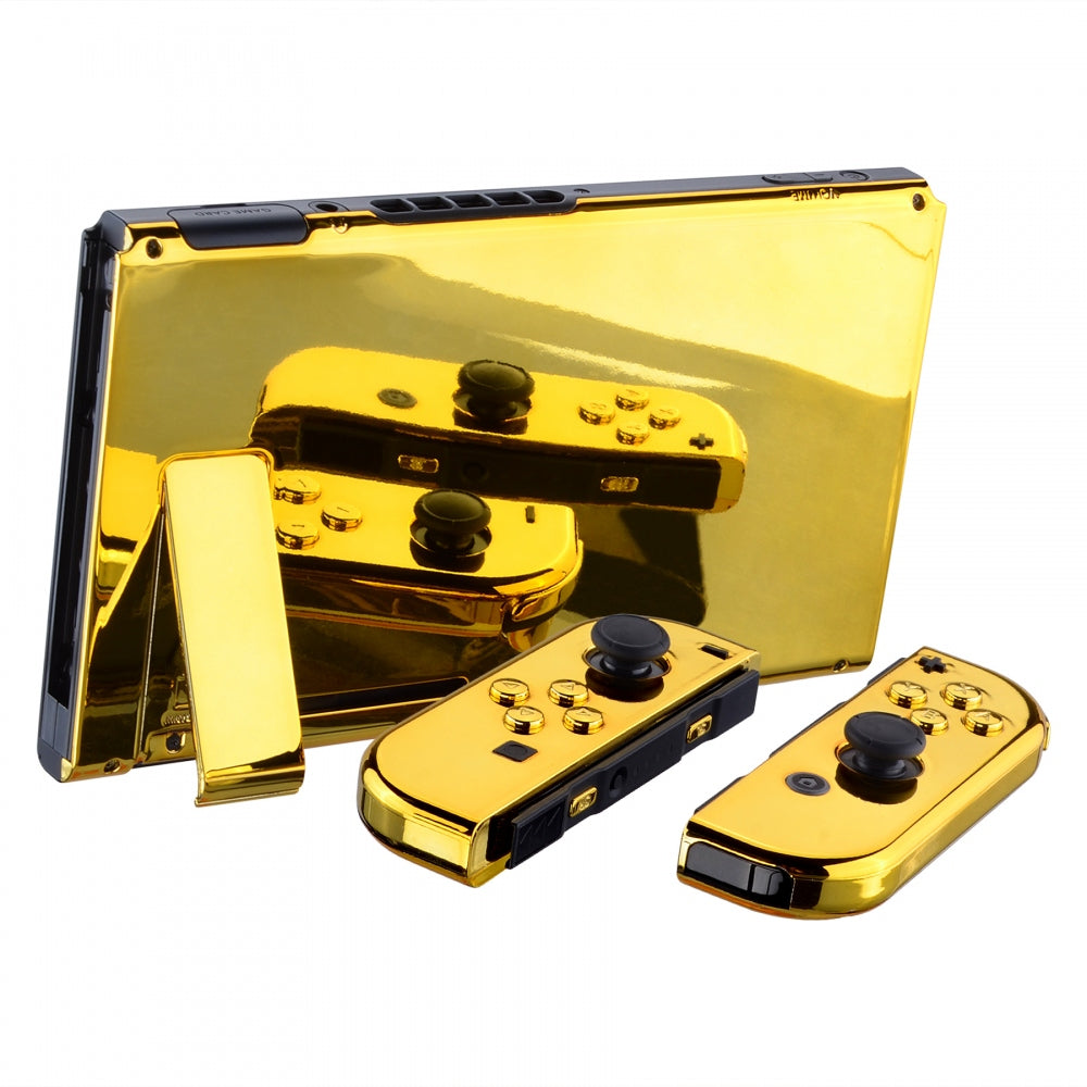 eXtremeRate Retail Chrome Gold Handheld Console Back Plate, Joycon Handheld Controller Housing Shell With Full Set Buttons DIY Replacement Part for Nintendo Switch - QD401