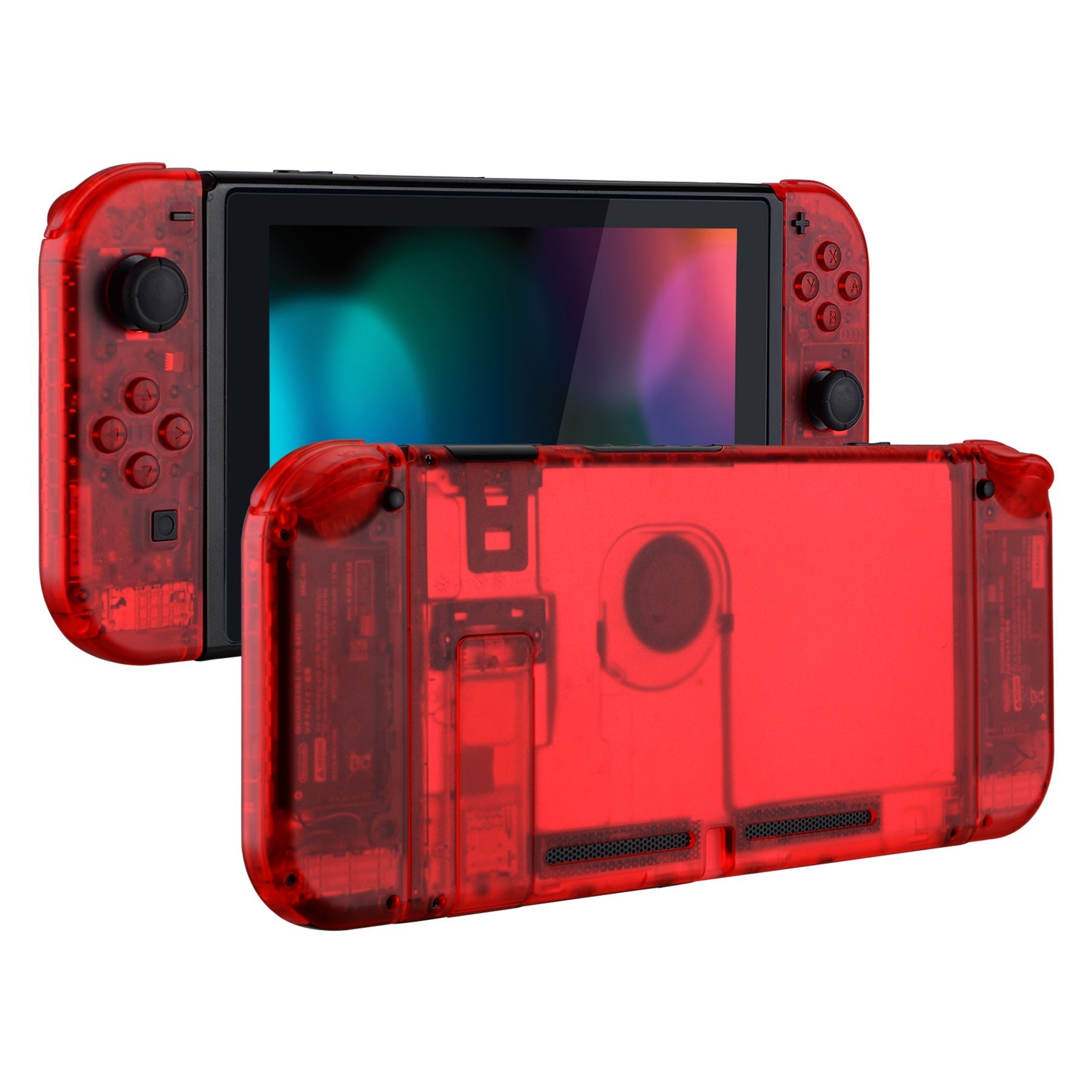 eXtremeRate Retail Transparent Clear Red Back Plate for Nintendo Switch Console, NS Joycon Handheld Controller Housing with Full Set Buttons, DIY Replacement Shell for Nintendo Switch - QM502