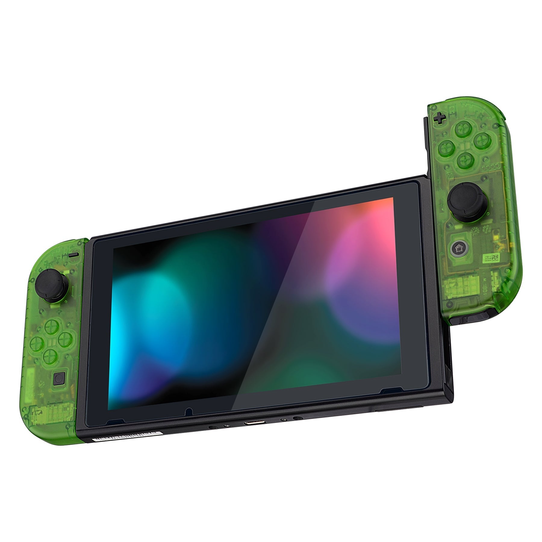 eXtremeRate Retail Transparent Clear Green Back Plate for Nintendo Switch Console, NS Joycon Handheld Controller Housing with Full Set Buttons, DIY Replacement Shell for Nintendo Switch - QM503