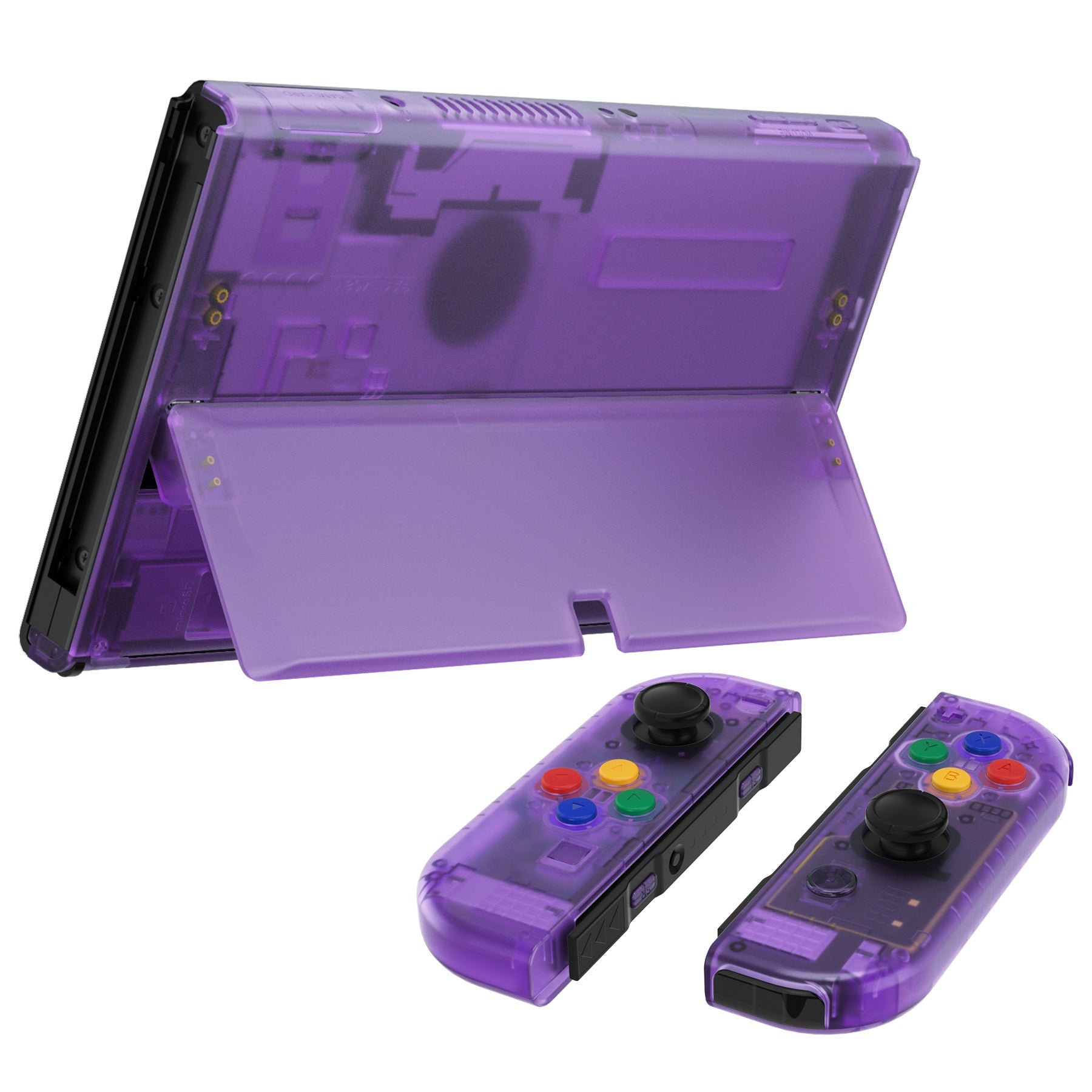 eXtremeRate Retail Clear Atomic Purple Custom Full Set Shell for Nintendo Switch OLED, DIY Replacement Console Back Plate & Kickstand, NS Joycon Handheld Controller Housing with Colorful Buttons for Nintendo Switch OLED - QNSOM5002