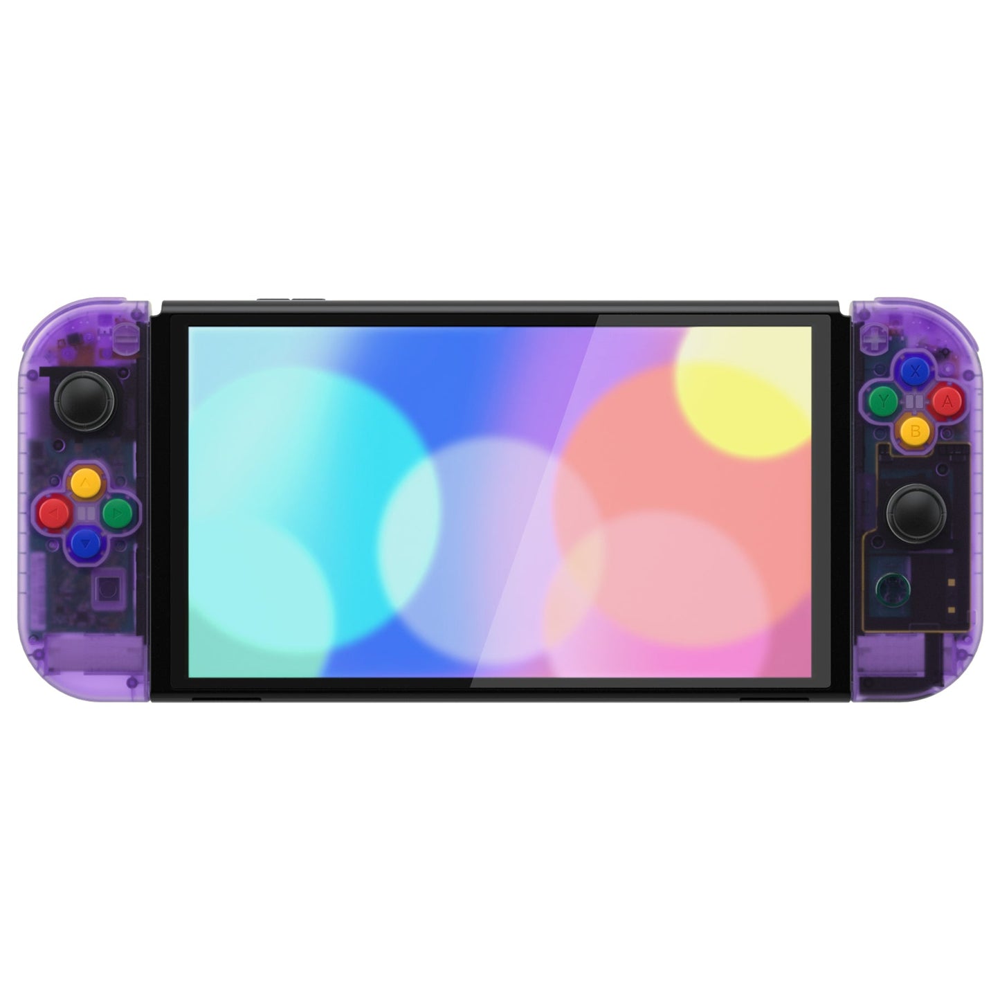 eXtremeRate Retail Clear Atomic Purple Custom Full Set Shell for Nintendo Switch OLED, DIY Replacement Console Back Plate & Kickstand, NS Joycon Handheld Controller Housing with Colorful Buttons for Nintendo Switch OLED - QNSOM5002