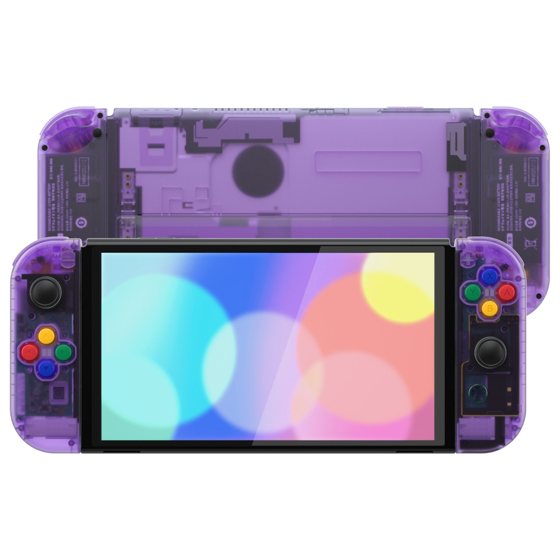 eXtremeRate Retail Clear Atomic Purple Custom Full Set Shell for Nintendo Switch OLED, DIY Replacement Console Back Plate & Kickstand, NS Joycon Handheld Controller Housing with Colorful Buttons for Nintendo Switch OLED - QNSOM5002