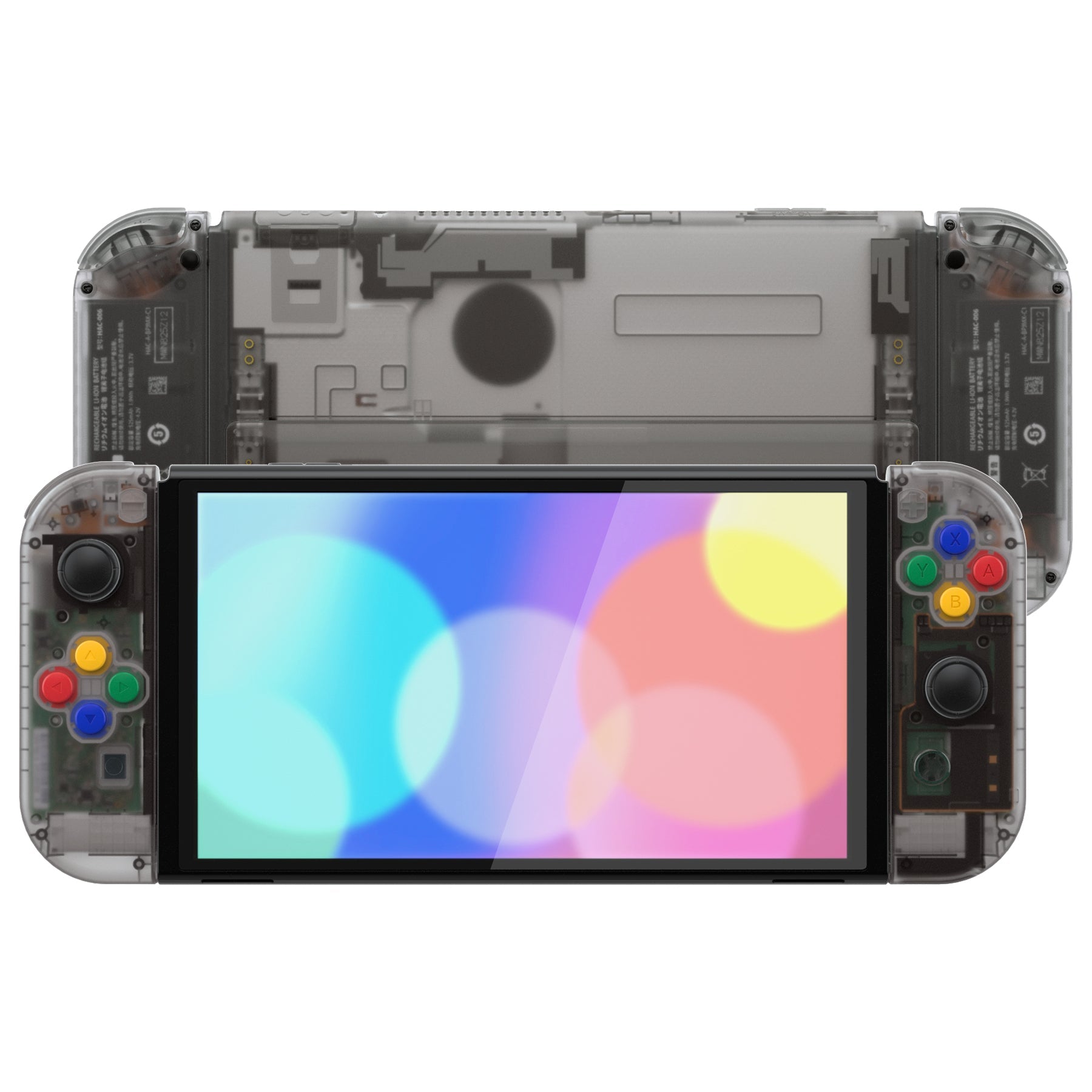 eXtremeRate Retail Clear Black Custom Full Set Shell for Nintendo Switch OLED, DIY Replacement Console Back Plate & Kickstand, NS Joycon Handheld Controller Housing with Colorful Buttons for Nintendo Switch OLED - QNSOM5005