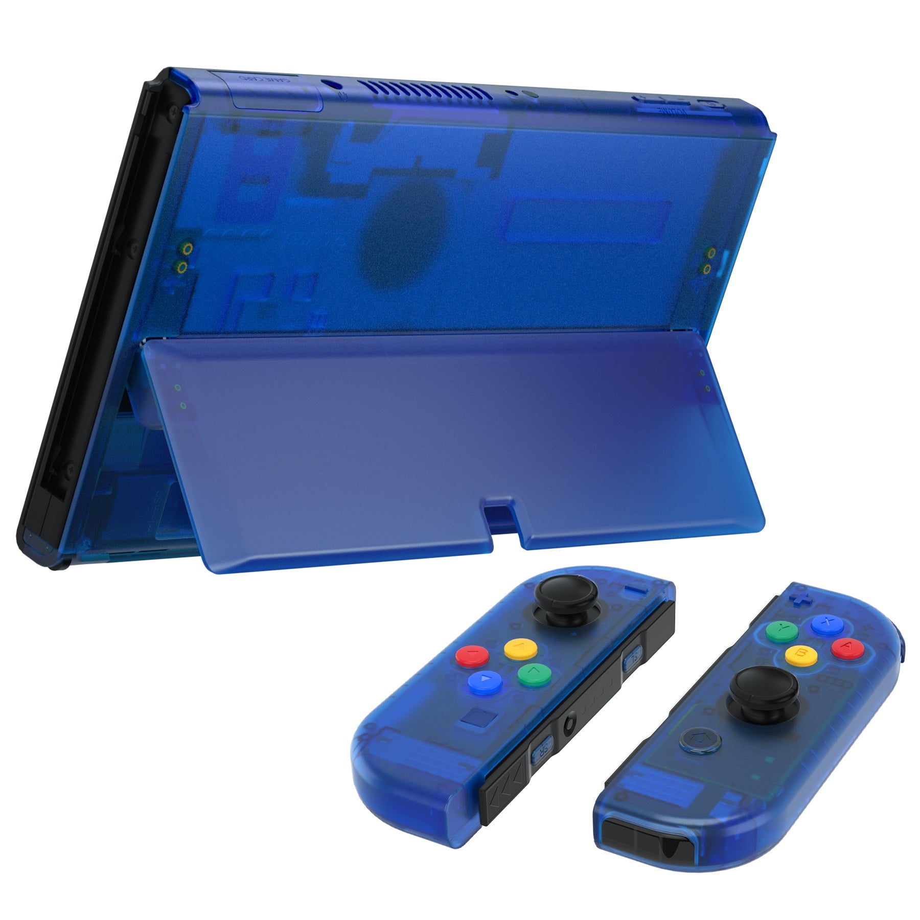 eXtremeRate Retail Clear Blue Custom Full Set Shell for Nintendo Switch OLED, DIY Replacement Console Back Plate & Kickstand, NS Joycon Handheld Controller Housing with Colorful Buttons for Nintendo Switch OLED - QNSOM5006