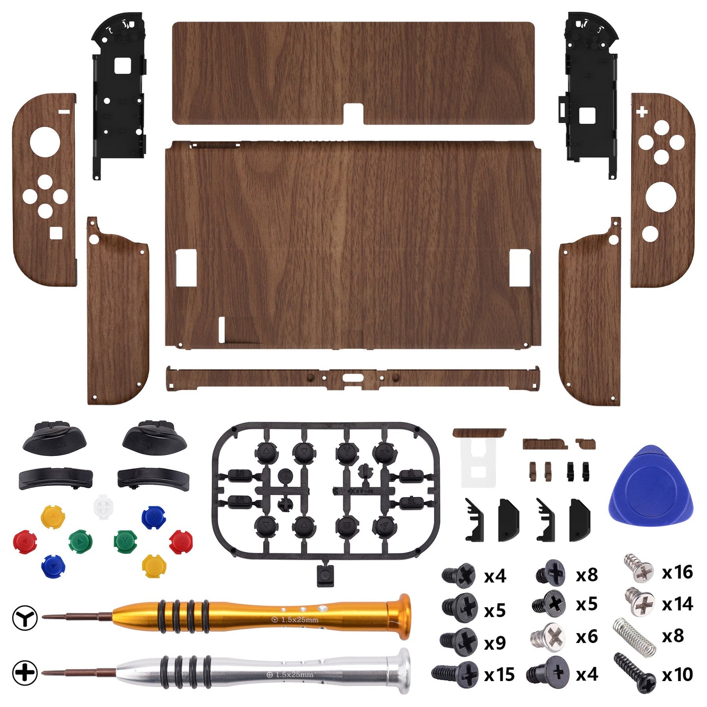 eXtremeRate Retail Wood Grain Soft Touch Full Set Shell for Nintendo Switch OLED, Replacement Console Back Plate & Metal Kickstand, NS Joycon Handheld Controller Housing & Buttons for Nintendo Switch OLED - QNSOS2001