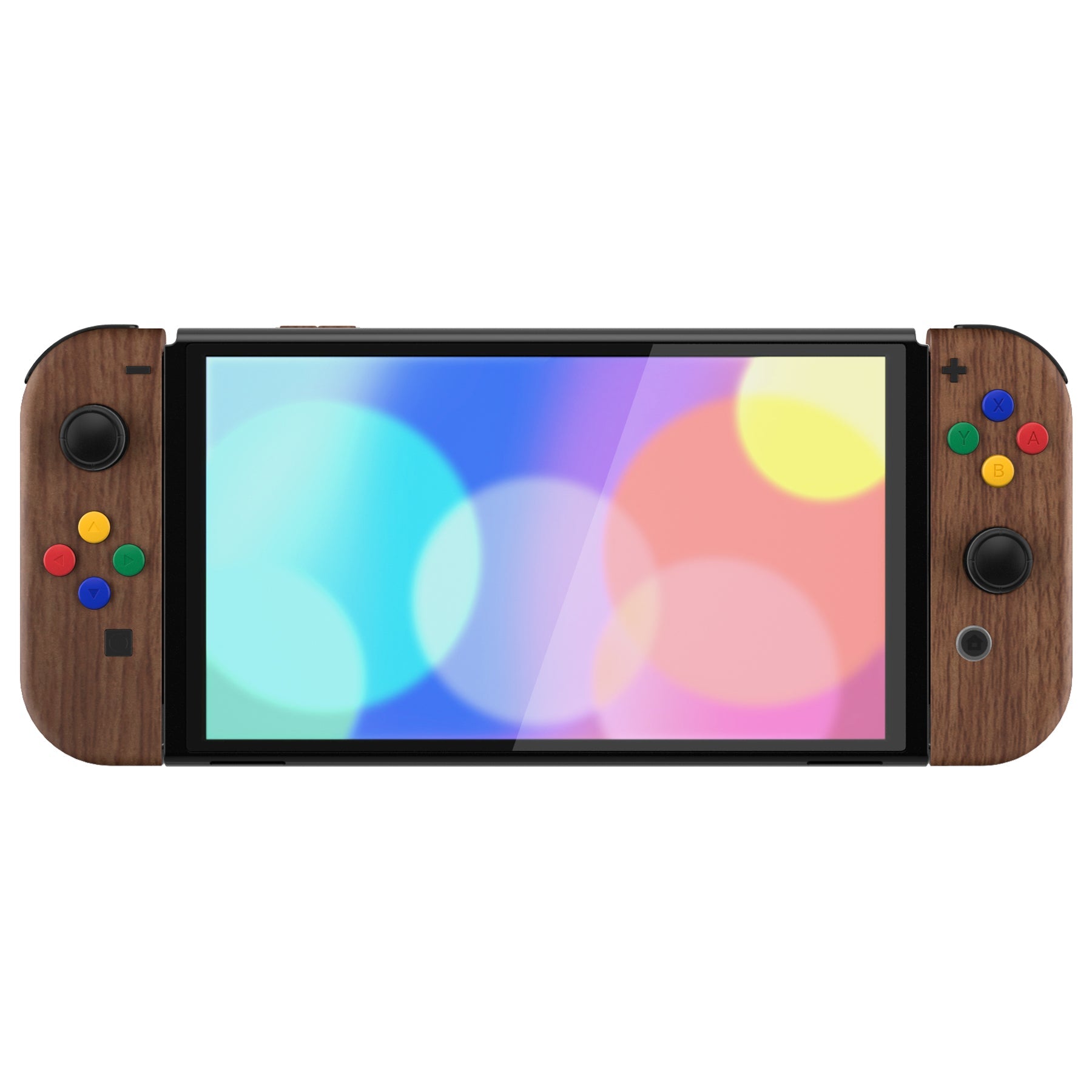 eXtremeRate Retail Wood Grain Soft Touch Full Set Shell for Nintendo Switch OLED, Replacement Console Back Plate & Metal Kickstand, NS Joycon Handheld Controller Housing & Buttons for Nintendo Switch OLED - QNSOS2001