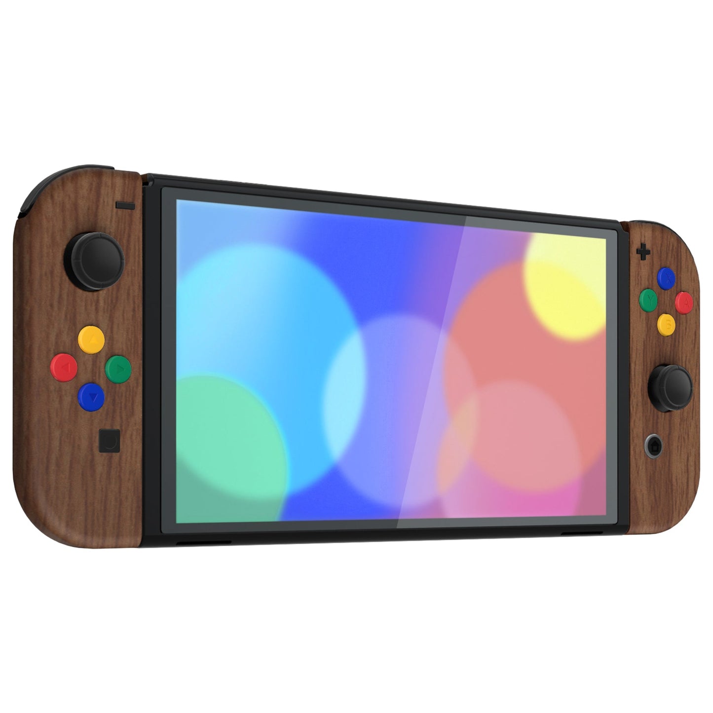 eXtremeRate Retail Wood Grain Soft Touch Full Set Shell for Nintendo Switch OLED, Replacement Console Back Plate & Metal Kickstand, NS Joycon Handheld Controller Housing & Buttons for Nintendo Switch OLED - QNSOS2001