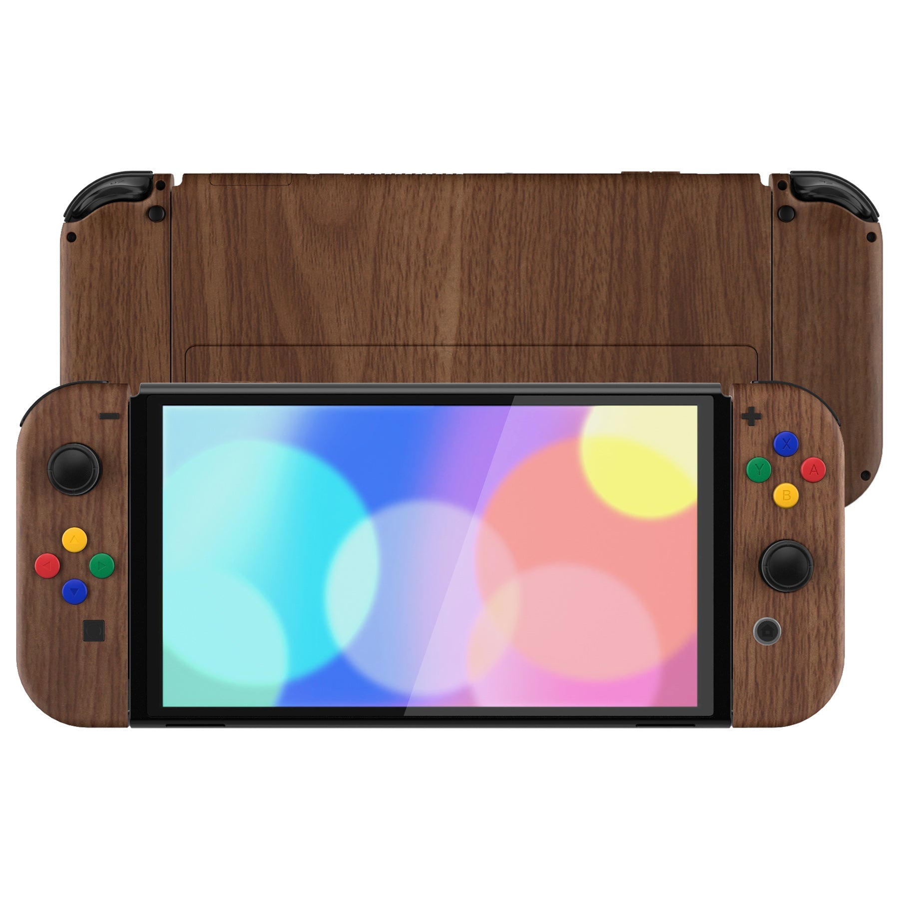 eXtremeRate Retail Wood Grain Soft Touch Full Set Shell for Nintendo Switch OLED, Replacement Console Back Plate & Metal Kickstand, NS Joycon Handheld Controller Housing & Buttons for Nintendo Switch OLED - QNSOS2001