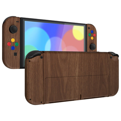 eXtremeRate Retail Wood Grain Soft Touch Full Set Shell for Nintendo Switch OLED, Replacement Console Back Plate & Metal Kickstand, NS Joycon Handheld Controller Housing & Buttons for Nintendo Switch OLED - QNSOS2001