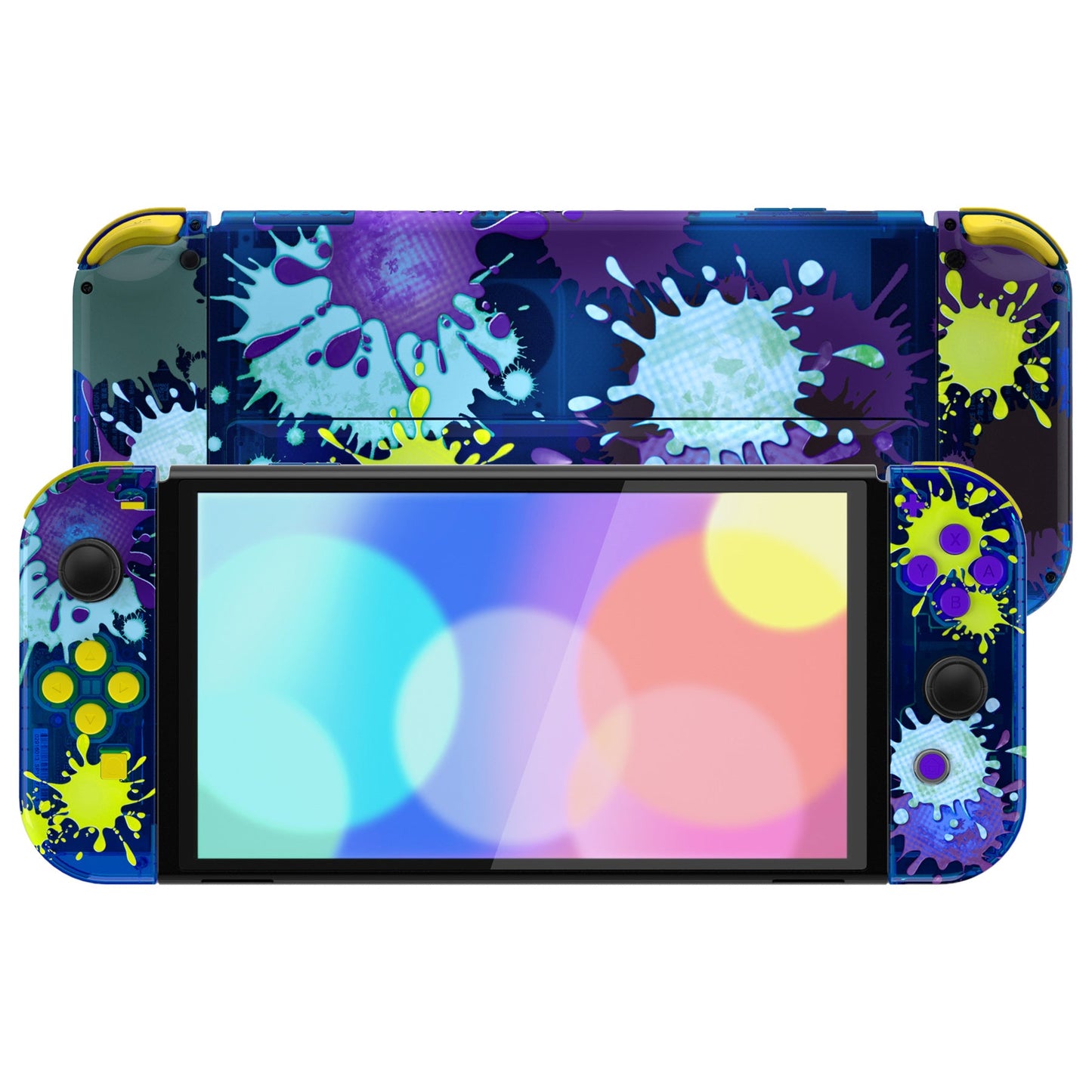 eXtremeRate Retail Splattering Paint Full Set Shell for Nintendo Switch OLED, Replacement Console Back Plate & Kickstand, NS Joycon Handheld Controller Housing with Full Set Buttons for Nintendo Switch OLED - QNSOT001