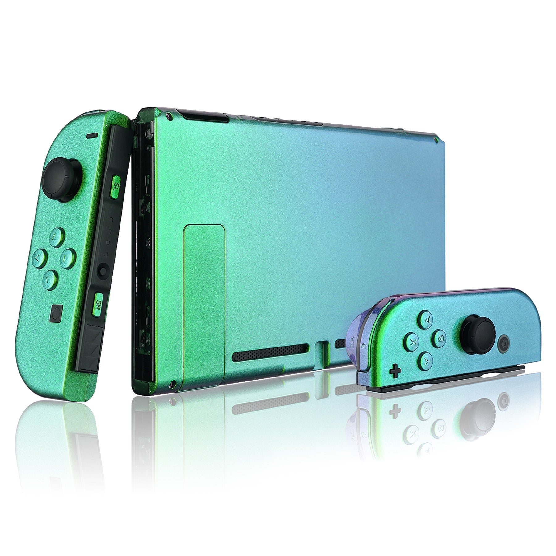 eXtremeRate Retail Glossy Back Plate for Nintendo Switch Console, NS Joycon Handheld Controller Housing with Full Set Buttons, DIY Replacement Shell for Nintendo Switch - Chameleon Green Purple - QP311