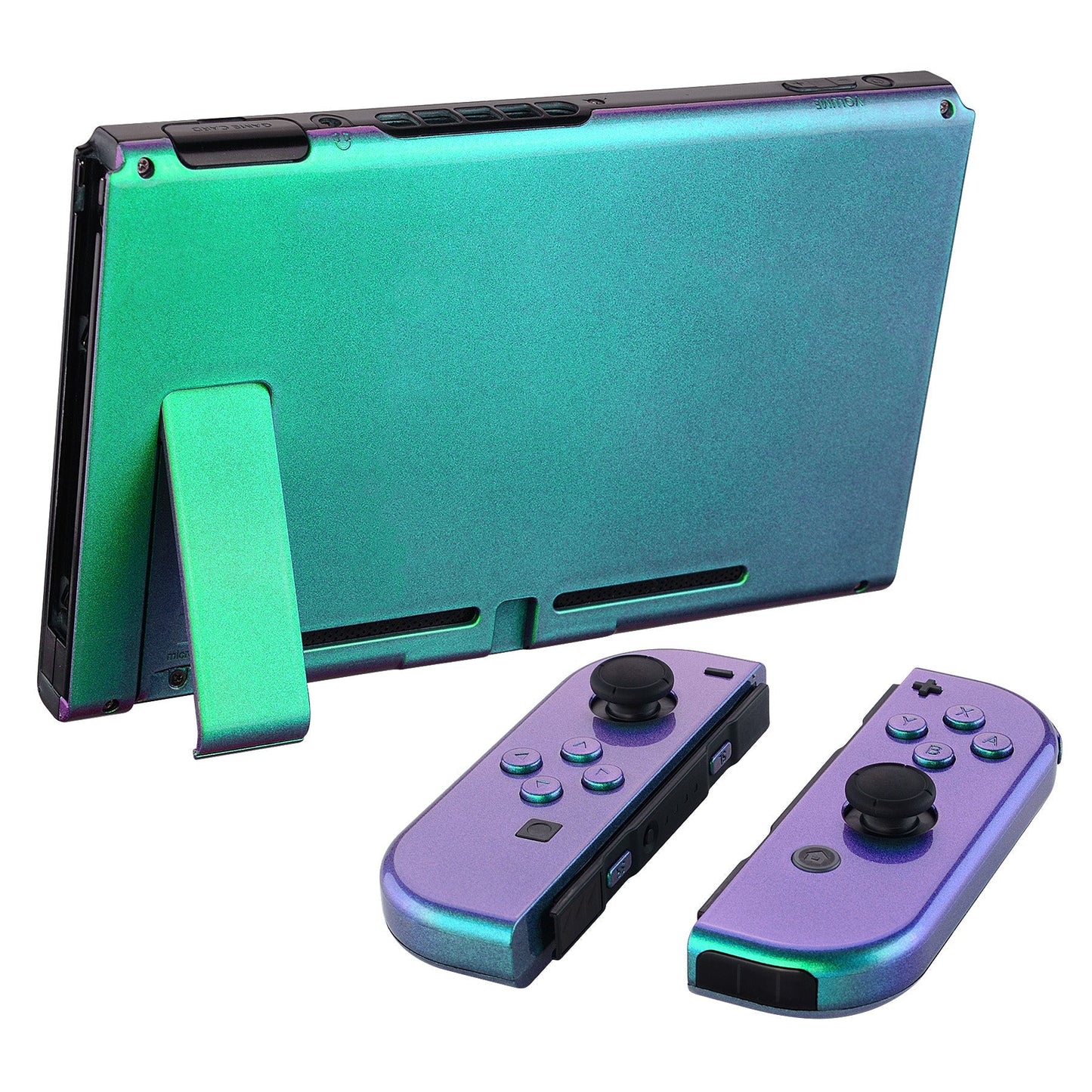 eXtremeRate Retail Glossy Back Plate for Nintendo Switch Console, NS Joycon Handheld Controller Housing with Full Set Buttons, DIY Replacement Shell for Nintendo Switch - Chameleon Green Purple - QP311