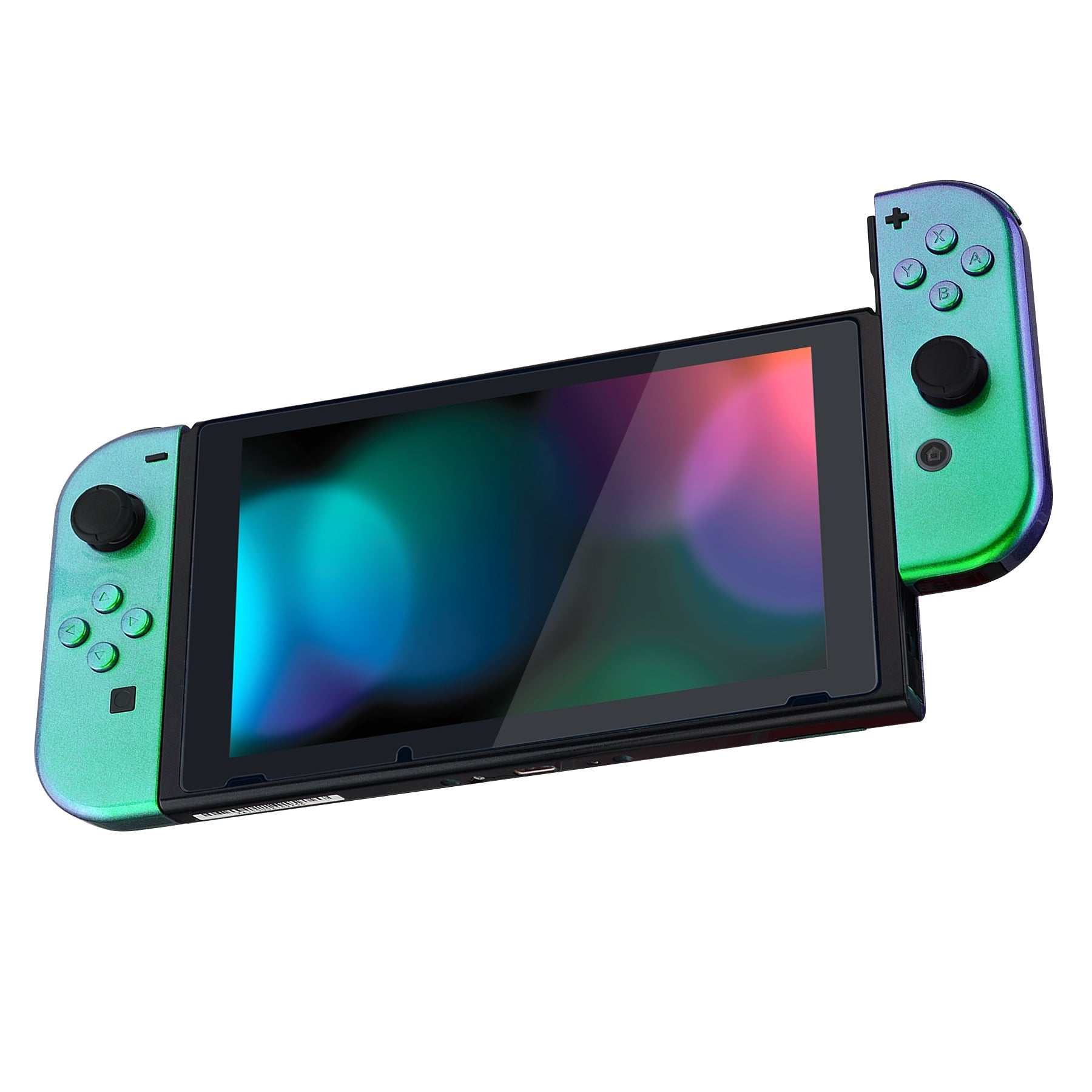 eXtremeRate Retail Glossy Back Plate for Nintendo Switch Console, NS Joycon Handheld Controller Housing with Full Set Buttons, DIY Replacement Shell for Nintendo Switch - Chameleon Green Purple - QP311