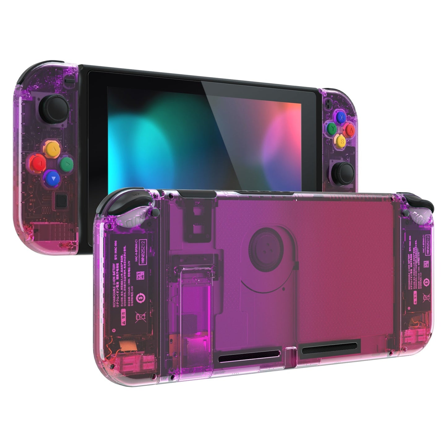 eXtremeRate Retail Clear Atomic Purple Rose Red Back Plate for NS Switch Console, NS Joycon Handheld Controller Housing with Full Set Buttons, DIY Replacement Shell for Nintendo Switch - QP343