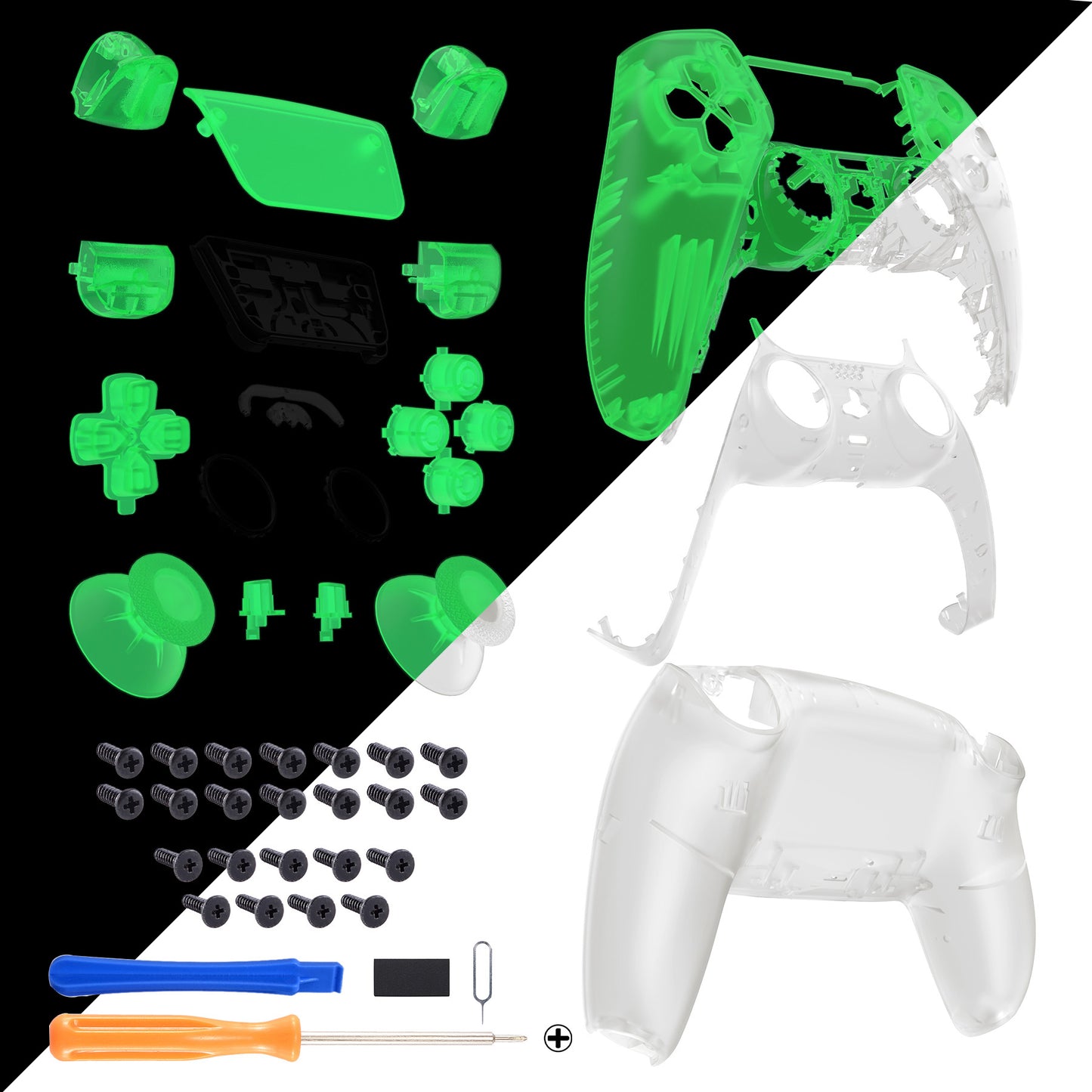 eXtremeRate PS5コントローラーBDM-030/040/050対応交換対応用フルセットシェル＆ボタン【暗闇で光る-グリーン】