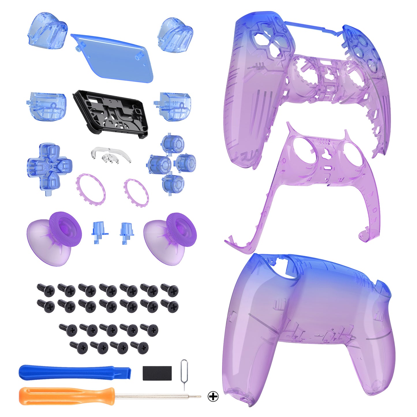 eXtremeRate Replacement Full Shell & Button Set for PS5 Controller BDM-030/040/050 [Clear Gradient Blue & Purple]