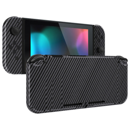 eXtremeRate Retail Soft Touch Grip Graphite Carbon Fiber Patterned Back Plate for Nintendo Switch Console, NS Joycon Handheld Controller Housing with Full Set Buttons, DIY Replacement Shell for Nintendo Switch- QS207