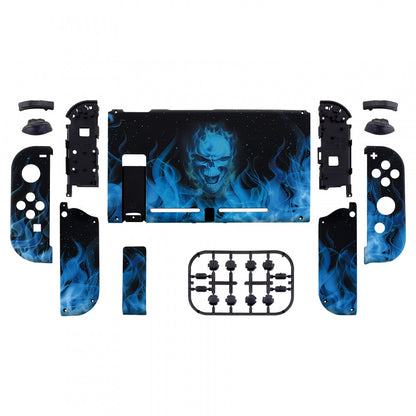 eXtremeRate Retail Soft Touch Grip Blue Flame Skull Back Plate for Nintendo Switch Console, NS Joycon Handheld Controller Housing with Full Set Buttons, DIY Replacement Shell for Nintendo Switch - QT101