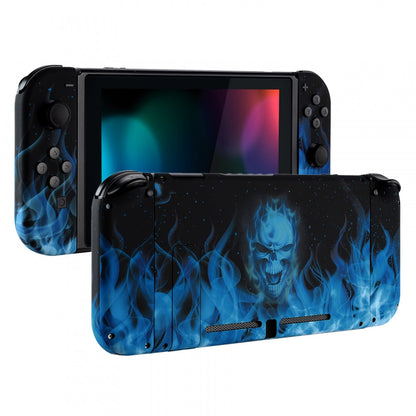 eXtremeRate Retail Soft Touch Grip Blue Flame Skull Back Plate for Nintendo Switch Console, NS Joycon Handheld Controller Housing with Full Set Buttons, DIY Replacement Shell for Nintendo Switch - QT101