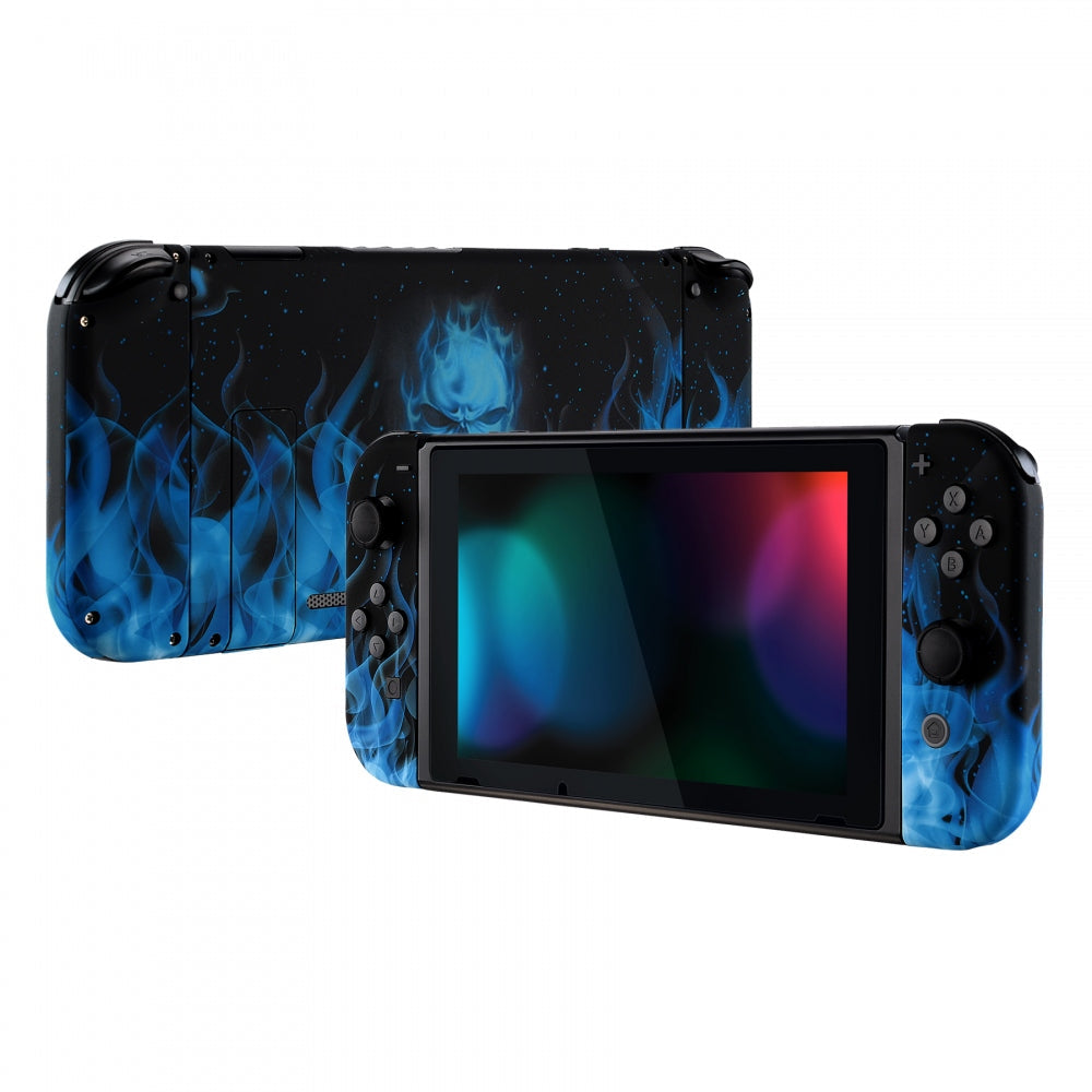 eXtremeRate Retail Soft Touch Grip Blue Flame Skull Back Plate for Nintendo Switch Console, NS Joycon Handheld Controller Housing with Full Set Buttons, DIY Replacement Shell for Nintendo Switch - QT101