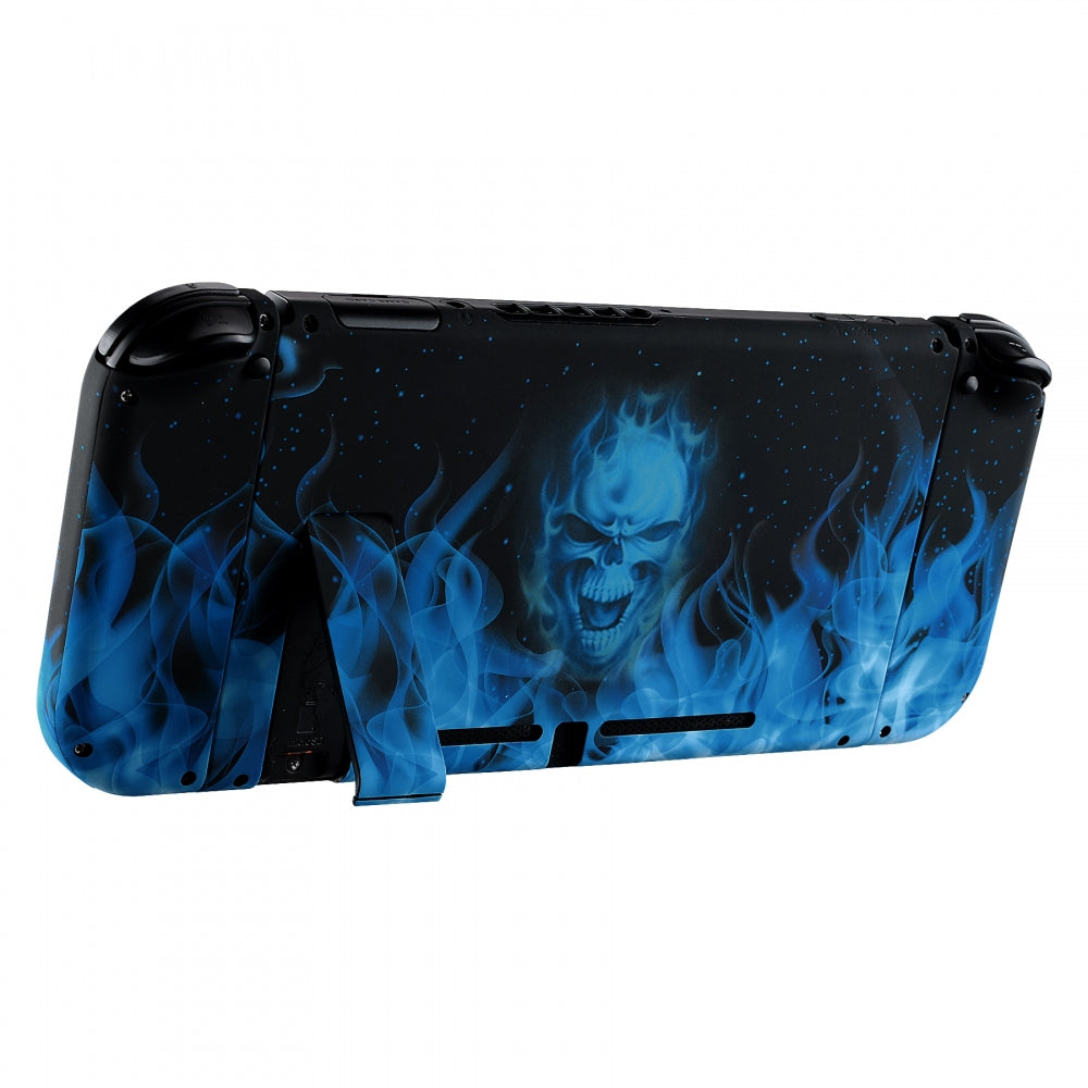 eXtremeRate Retail Soft Touch Grip Blue Flame Skull Back Plate for Nintendo Switch Console, NS Joycon Handheld Controller Housing with Full Set Buttons, DIY Replacement Shell for Nintendo Switch - QT101