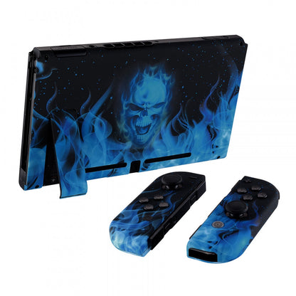 eXtremeRate Retail Soft Touch Grip Blue Flame Skull Back Plate for Nintendo Switch Console, NS Joycon Handheld Controller Housing with Full Set Buttons, DIY Replacement Shell for Nintendo Switch - QT101