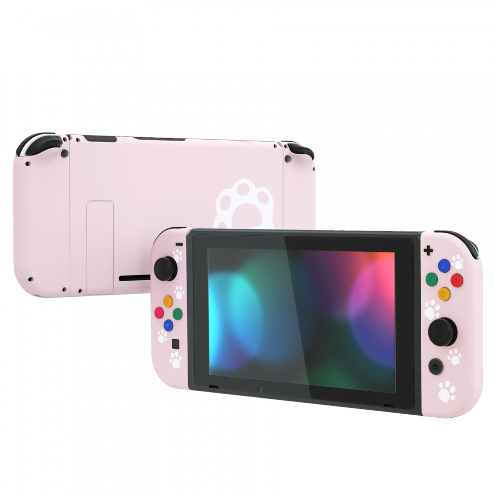 eXtremeRate Retail Cherry Blossoms Pink Cat Paw Back Plate for Nintendo Switch Console, NS Joycon Handheld Controller Housing with Colorful Buttons, DIY Replacement Shell for Nintendo Switch - QT110