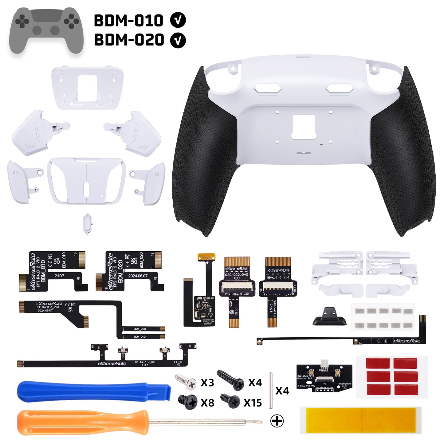 eXtremeRate PS5コントローラーBDM-010/020対応用RISE4 Plus MAXバックパドルキット、クリッキートリガーストップ＆ラバーグリップ付き【ラバー付き黒いグリップ白い背面パドル】