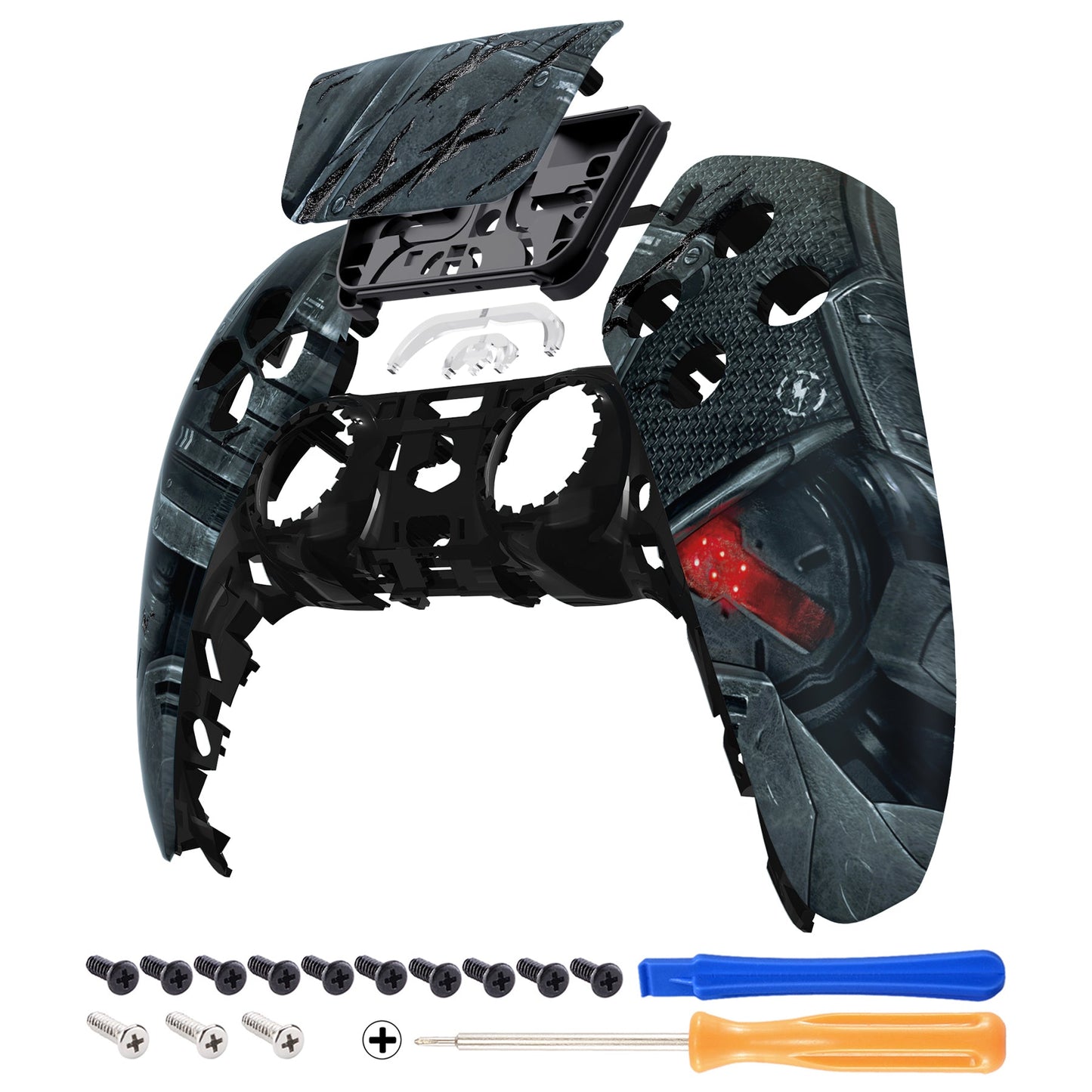 eXtremeRate Replacement Front Housing Shell with Touchpad Compatible with PS5 Controller BDM-010/020/030/040 - Mecha Armor with Combat Damage Engrave eXtremeRate