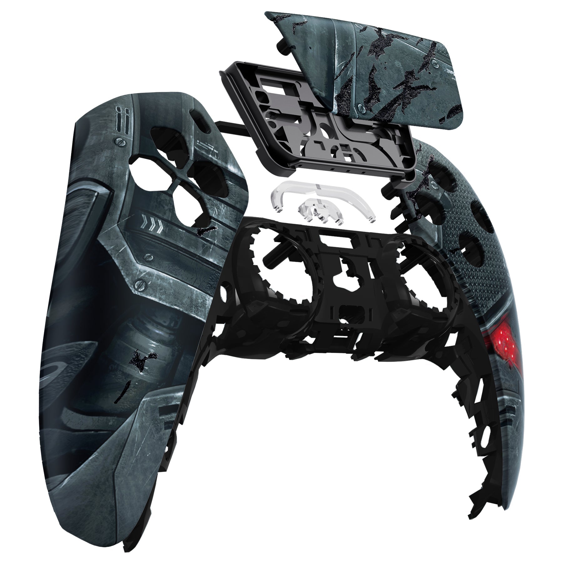 eXtremeRate Replacement Front Housing Shell with Touchpad Compatible with PS5 Controller BDM-010/020/030/040 - Mecha Armor with Combat Damage Engrave eXtremeRate