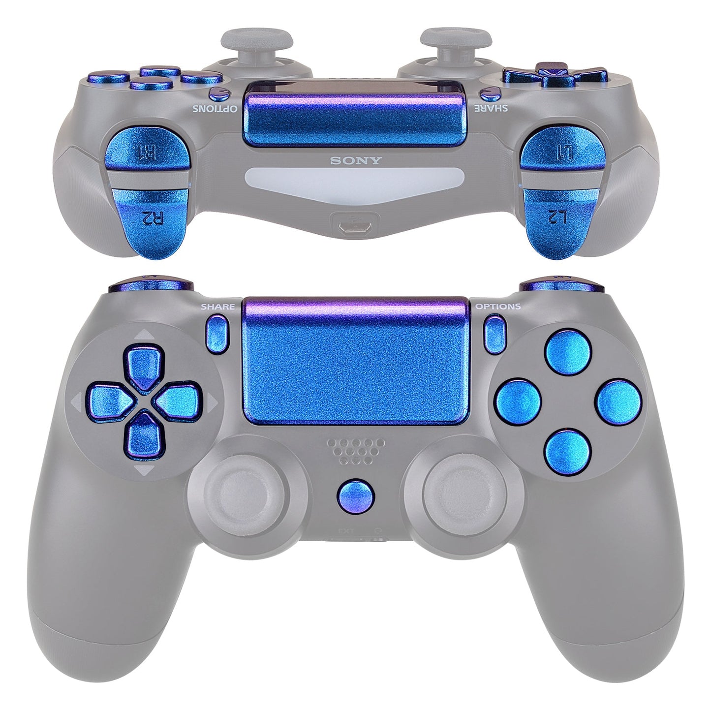 eXtremeRate Retail D-pad R1 L1 R2 L2 Trigger Touchpad Action Home Share Options Buttons, Chameleon Purple Blue Full Set Buttons Repair Kits with Tools for ps4 ps4 Slim ps4 Pro CUH-ZCT2 Controller - SP4J0401