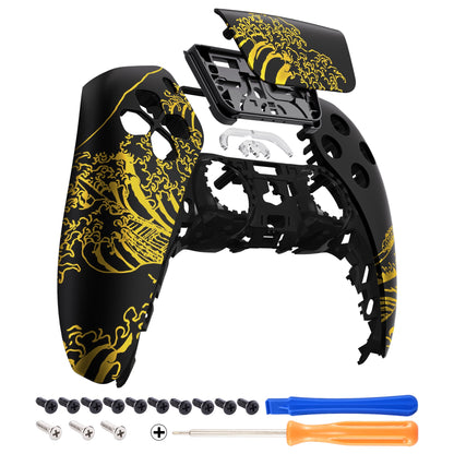 eXtremeRate Retail The Great GOLDEN Wave Off Kanagawa - Black Front Housing Shell Compatible with ps5 Controller BDM-010 BDM-020 BDM-030, DIY Replacement Shell Custom Touch Pad Cover Compatible with ps5 Controller - ZPFT1094G3