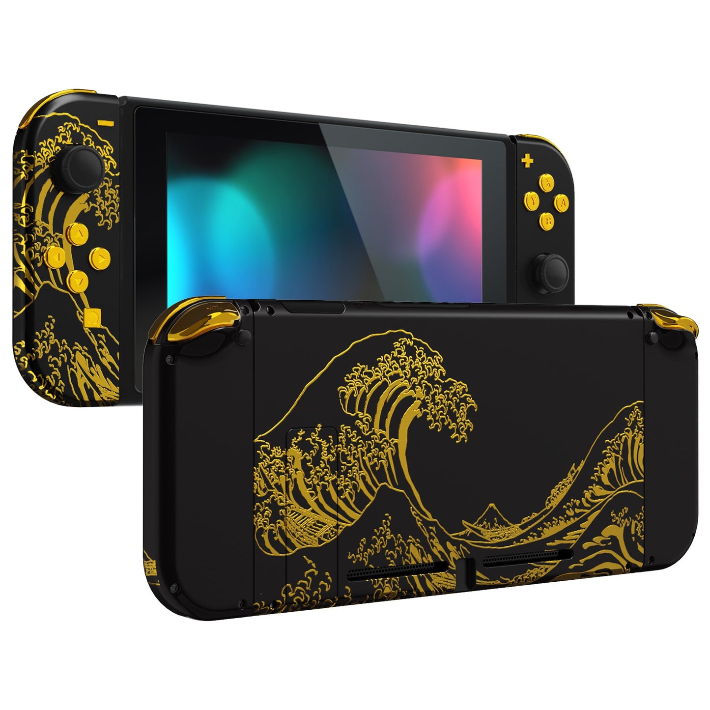 eXtremeRate Retail The Great GOLDEN Wave Off Kanagawa - Black Handheld Console Back Plate, Joycon Handheld Controller Housing Shell With Full Set Buttons DIY Replacement Part for Nintendo Switch - QT120