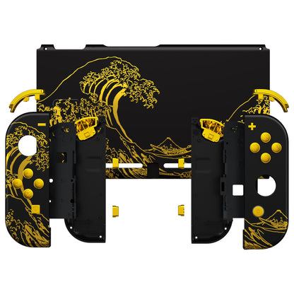 eXtremeRate Retail The Great GOLDEN Wave Off Kanagawa - Black Handheld Console Back Plate, Joycon Handheld Controller Housing Shell With Full Set Buttons DIY Replacement Part for Nintendo Switch - QT120