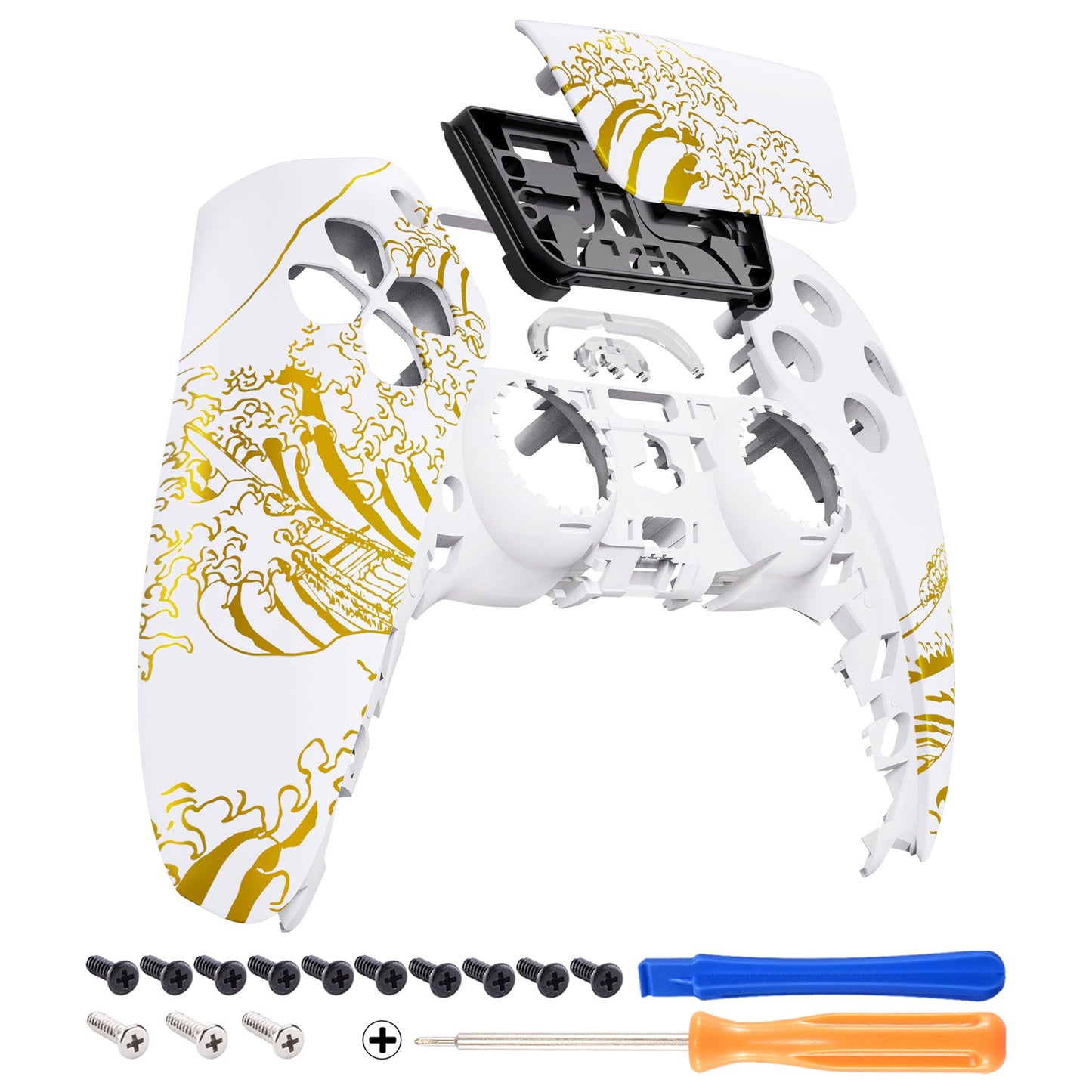 eXtremeRate Retail The Great GOLDEN Wave Off Kanagawa - White Front Housing Shell Compatible with ps5 Controller BDM-010 BDM-020 BDM-030, DIY Replacement Shell Custom Touch Pad Cover Compatible with ps5 Controller - ZPFT1095G3