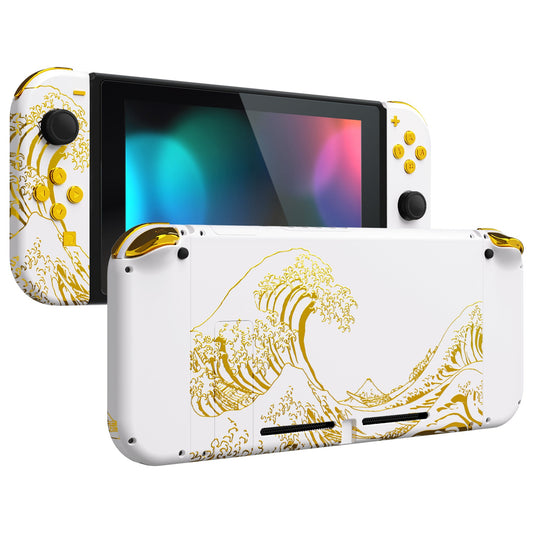 eXtremeRate Retail The Great GOLDEN Wave Off Kanagawa - White Handheld Console Back Plate, Joycon Handheld Controller Housing Shell With Full Set Buttons DIY Replacement Part for Nintendo Switch - QT121