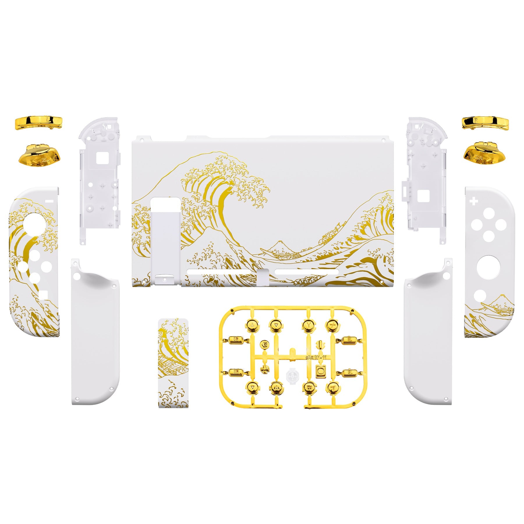 eXtremeRate Retail The Great GOLDEN Wave Off Kanagawa - White Handheld Console Back Plate, Joycon Handheld Controller Housing Shell With Full Set Buttons DIY Replacement Part for Nintendo Switch - QT121