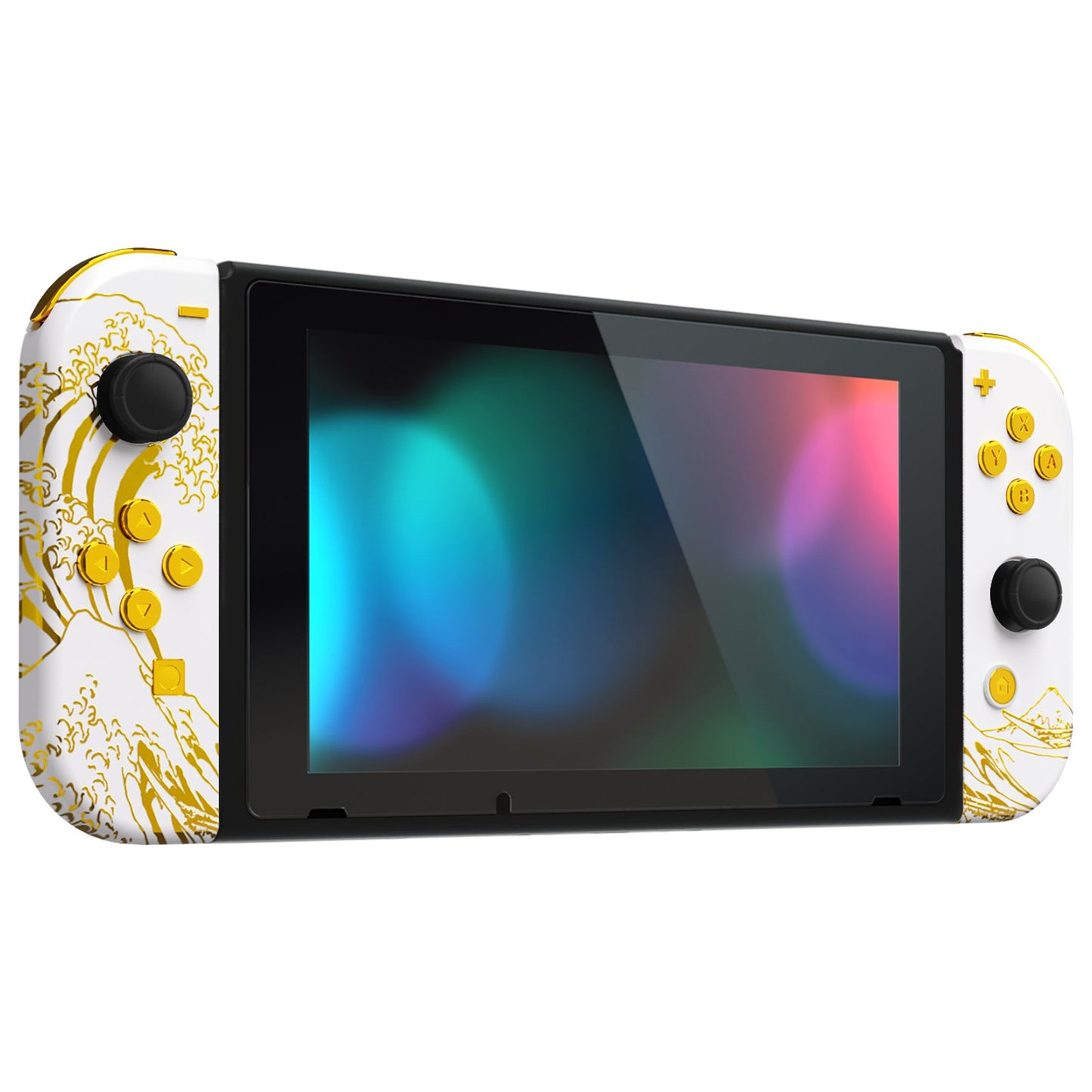 eXtremeRate Retail The Great GOLDEN Wave Off Kanagawa - White Handheld Console Back Plate, Joycon Handheld Controller Housing Shell With Full Set Buttons DIY Replacement Part for Nintendo Switch - QT121