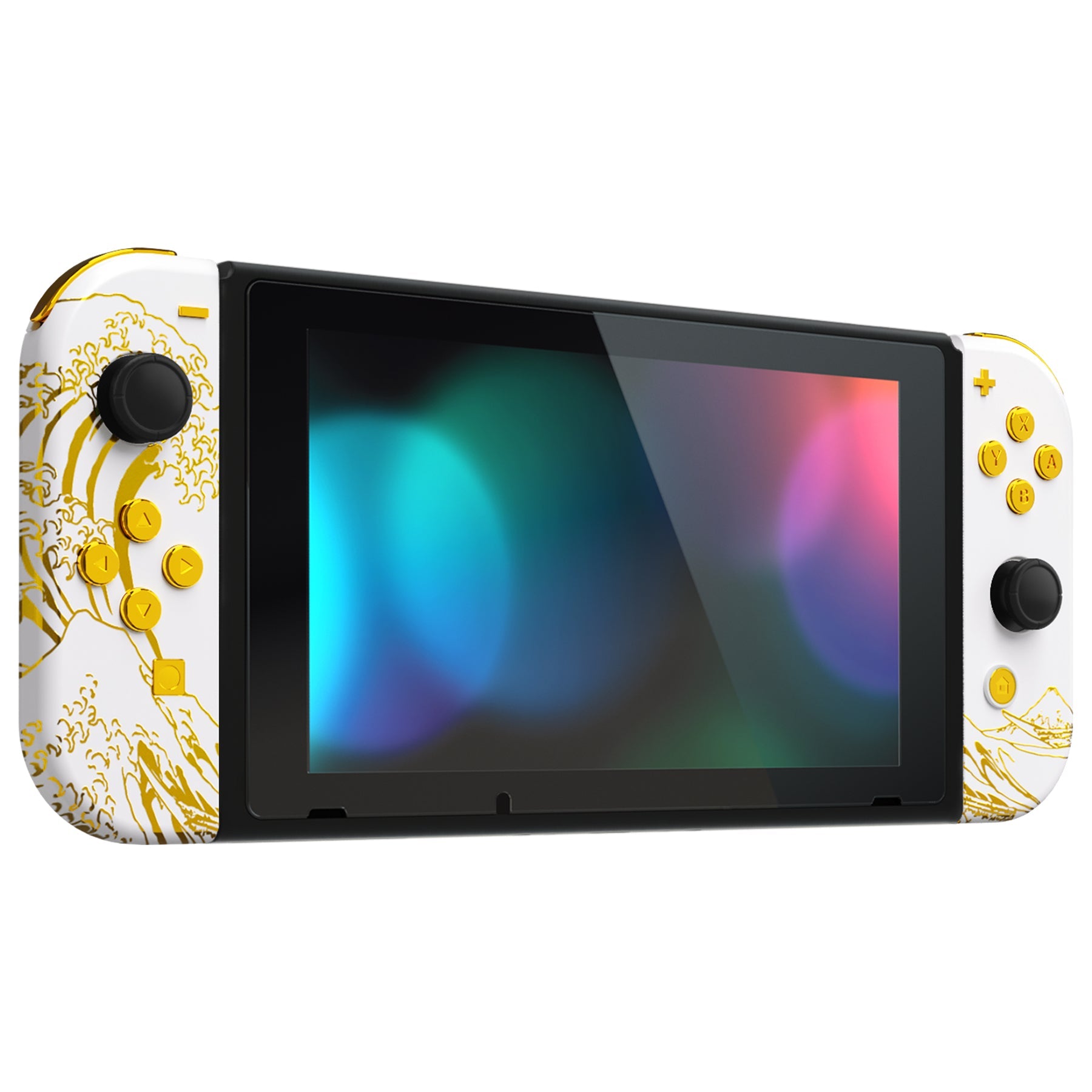 eXtremeRate Retail The Great GOLDEN Wave Off Kanagawa - White Handheld Console Back Plate, Joycon Handheld Controller Housing Shell With Full Set Buttons DIY Replacement Part for Nintendo Switch - QT121