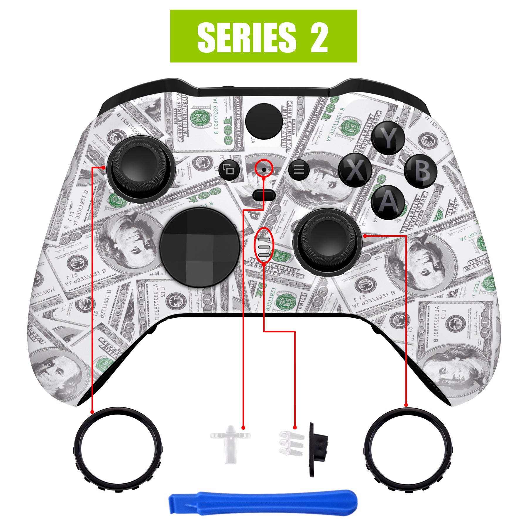 eXtremeRate Retail Replacement Front Housing Shell for Xbox One Elite Series 2 Controller - The $100 Cash Money - ELS210