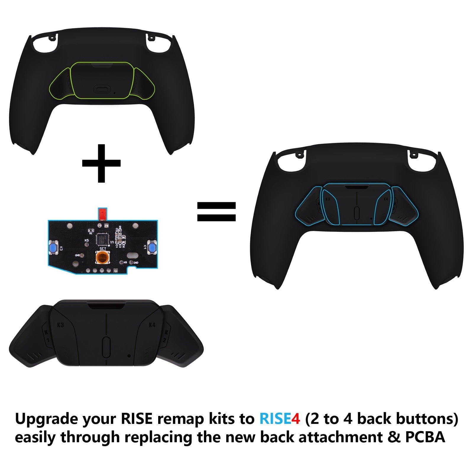 eXtremeRate Retail Turn RISE to RISE4 Kit - Redesigned Black K1 K2 K3 K4 Back Buttons Housing & Remap PCB Board for ps5 Controller eXtremeRate RISE & RISE4 Remap kit - Controller & Other RISE Accessories NOT Included - VPFM5001P