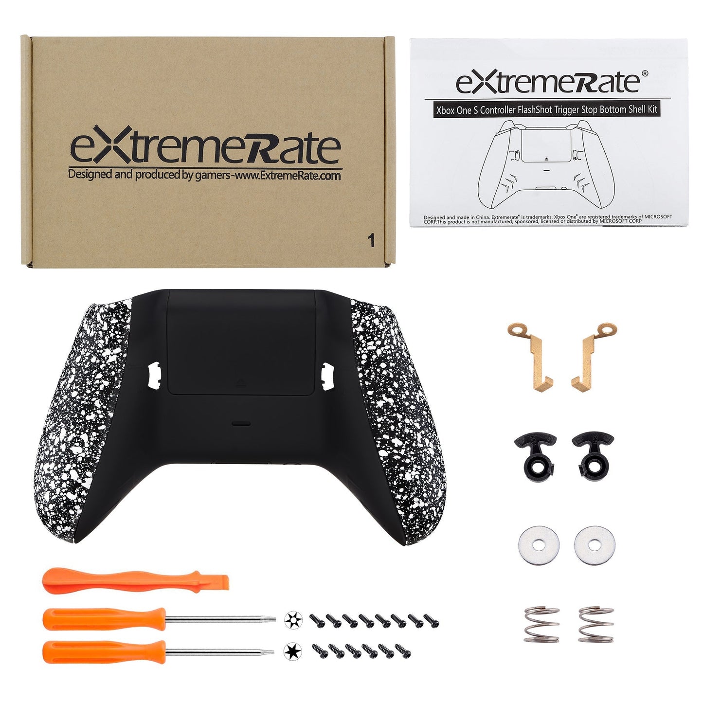 eXtremeRate Retail Textured White FlashShot Trigger Stop Bottom Shell Kit for Xbox One S & One X Controller, Redesigned Back Shell & Handle Grips & Dual Trigger Locks for Xbox One S X Controller Model 1708 - X1GZ004