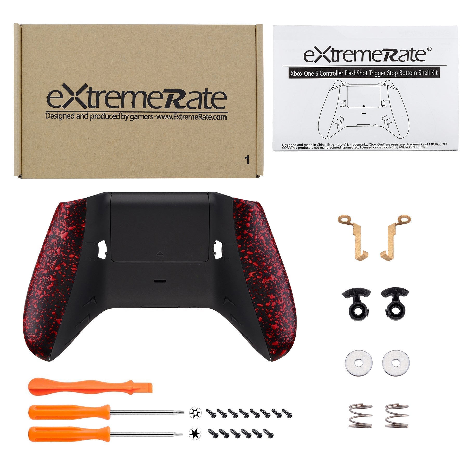 eXtremeRate Retail Textured Red FlashShot Trigger Stop Bottom Shell Kit for Xbox One S & One X Controller, Redesigned Back Shell & Handle Grips & Dual Trigger Locks for Xbox One S X Controller Model 1708 - X1GZ005