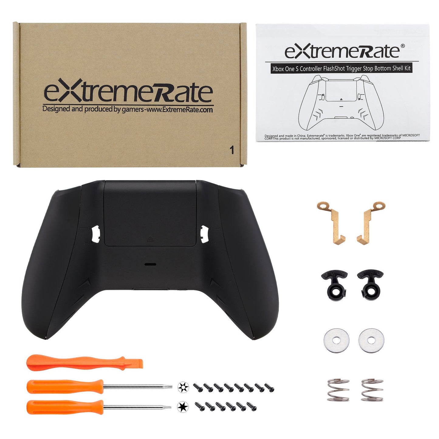 eXtremeRate Retail FlashShot Trigger Stop Bottom Shell Kit for Xbox One S & One X Controller, Redesigned Back Shell & Soft Touch Black Handle Grips & Hair Trigger for Xbox One S X Controller Model 1708 - X1GZ006