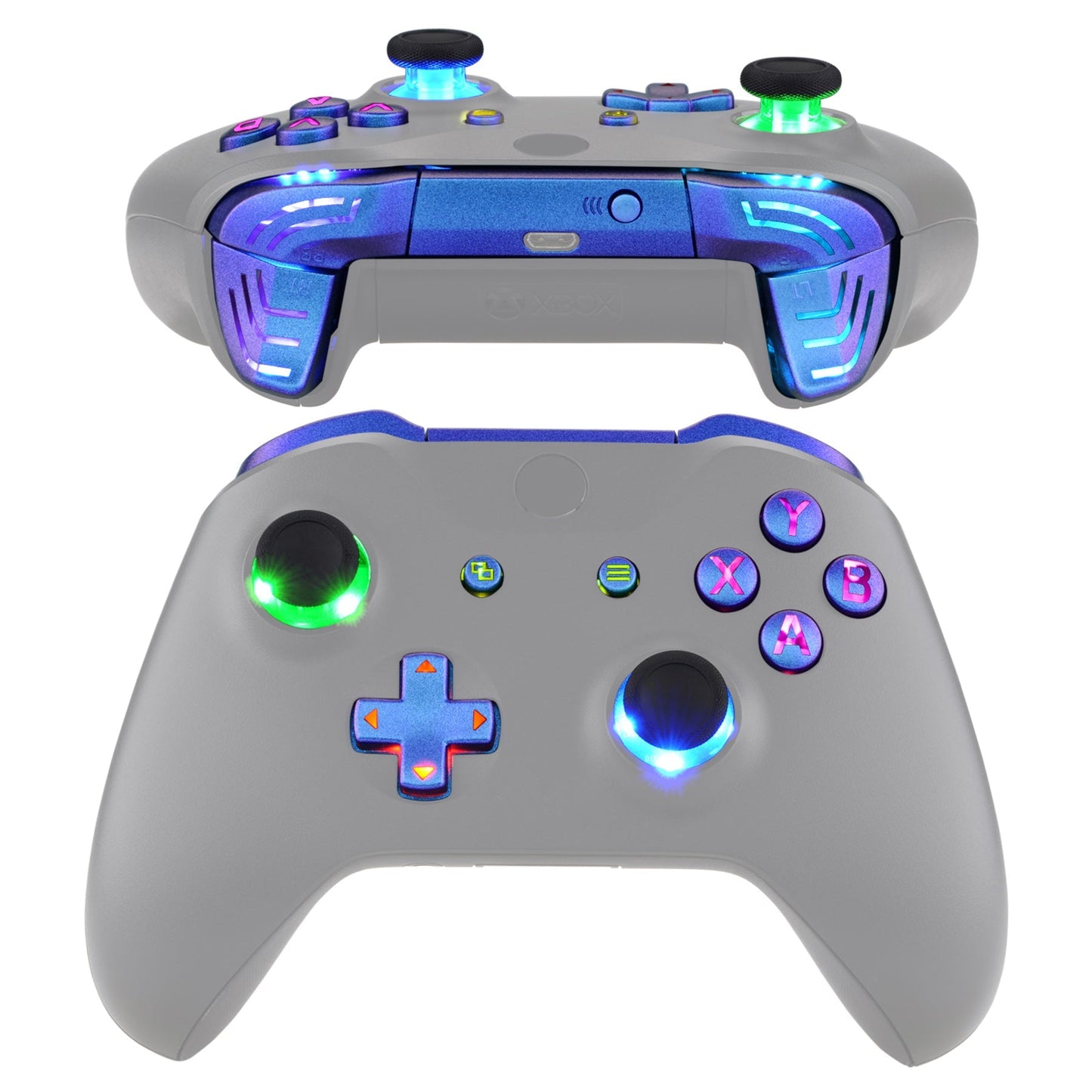 eXtremeRate Retail Chameleon Purple Blue Multi-Colors Luminated Dpad Thumbsticks Start Back ABXY Action Buttons, Classical Symbols Buttons DTFS (DTF 2.0) LED Kit for Xbox One S/X Controller - Controller NOT Included - X1LED05